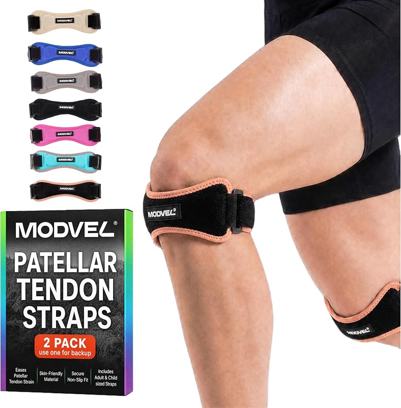 Modvel Knee Strap Patella Tendon Support Brace Band, One Size, 2-Pack | Adjustable patellar tendon support strap reduces pressure on the patella; works as a knee strap, patella band and brace