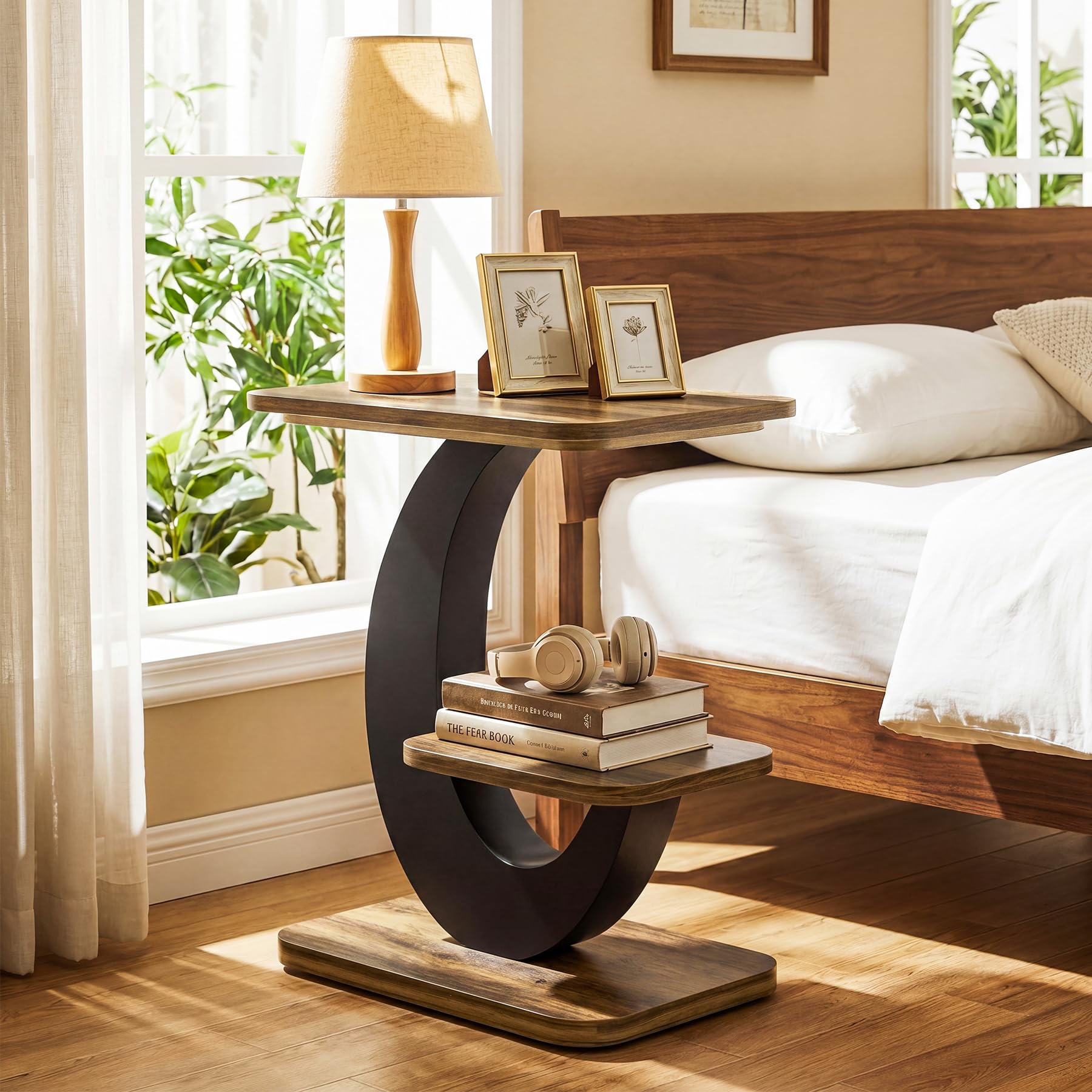 Tribesigns 2-Tier Narrow Side Table, End Table, Bedside Nightstand, Brown | Industrial Arc-Shaped Metal Frame, Storage Shelf, For Living Room, Bedroom, Small Spaces