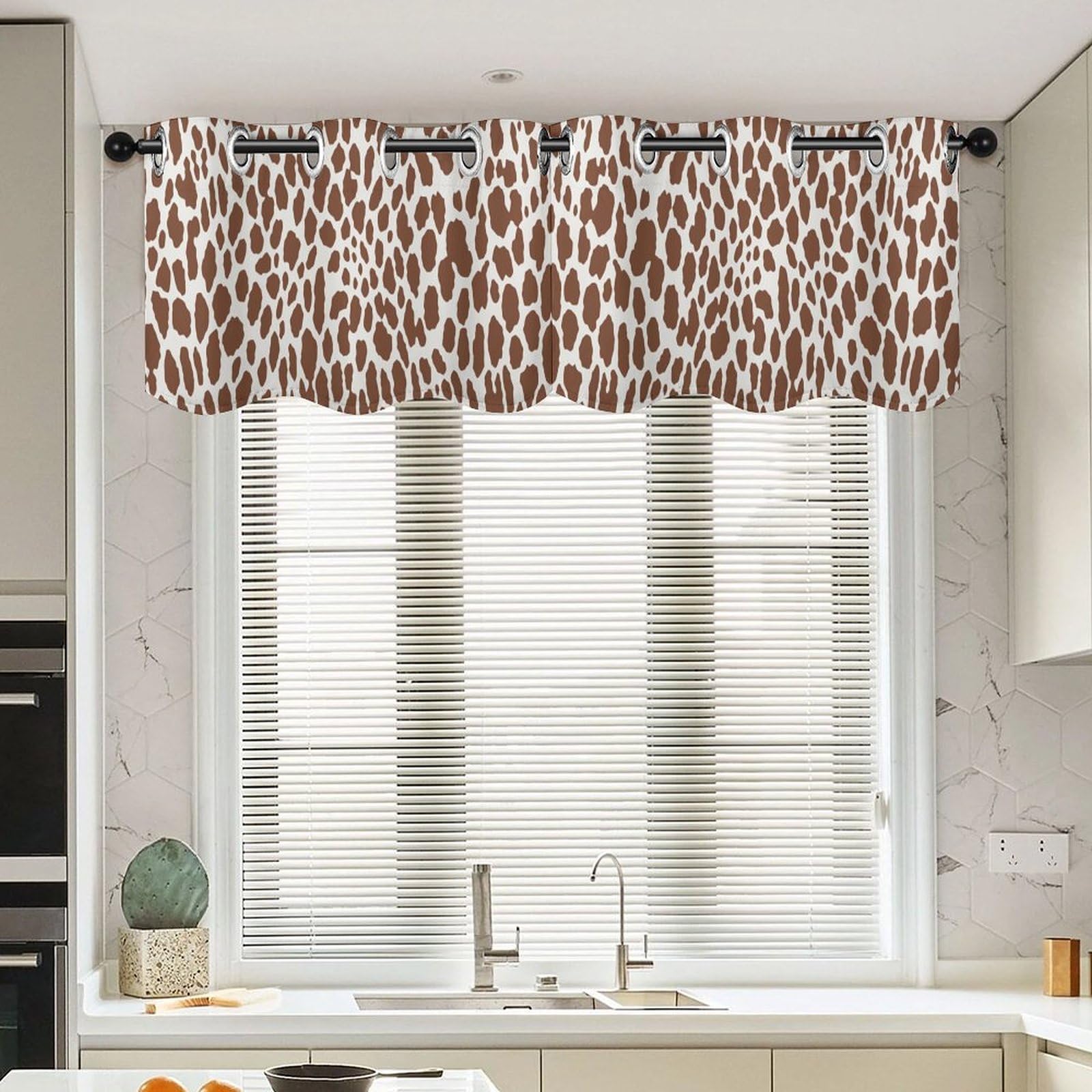 Cantonnière marron léopard 132x45 cm lot de 2 rideaux de cuisine chic
