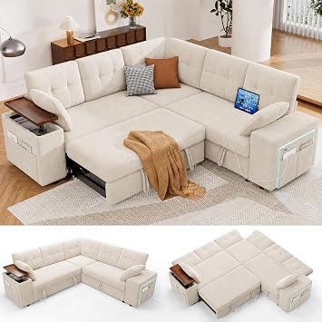 Vipbear 5 Seat Modular Sectional Sleeper Sofa with Pull Out Bed, L-Shaped Couch with Reclining Backrest, Lift Top Storage Chaise, USB LED Light, Tool-Free Assembly, Chenille, Beige