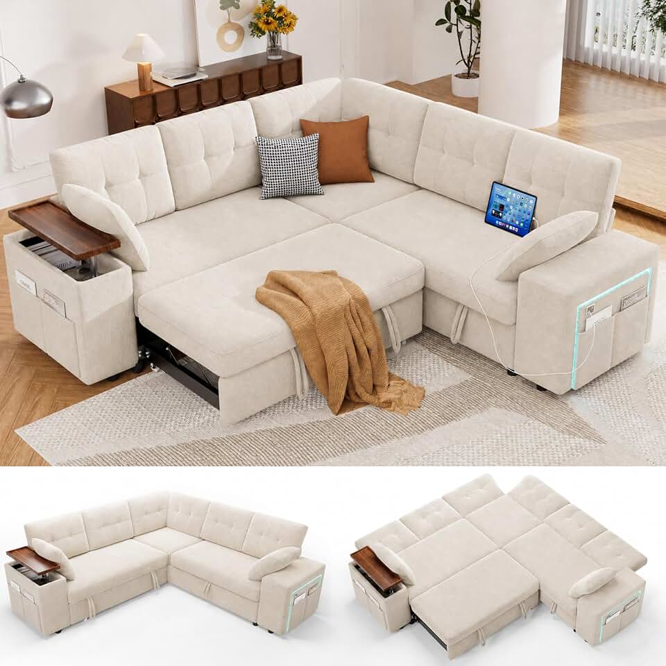 Vipbear 5 Seat Modular Sectional Sleeper Sofa with Pull Out Bed, L-Shaped Couch with Reclining Backrest, Lift Top Storage Chaise, USB LED Light, Tool-Free Assembly, Chenille, Beige