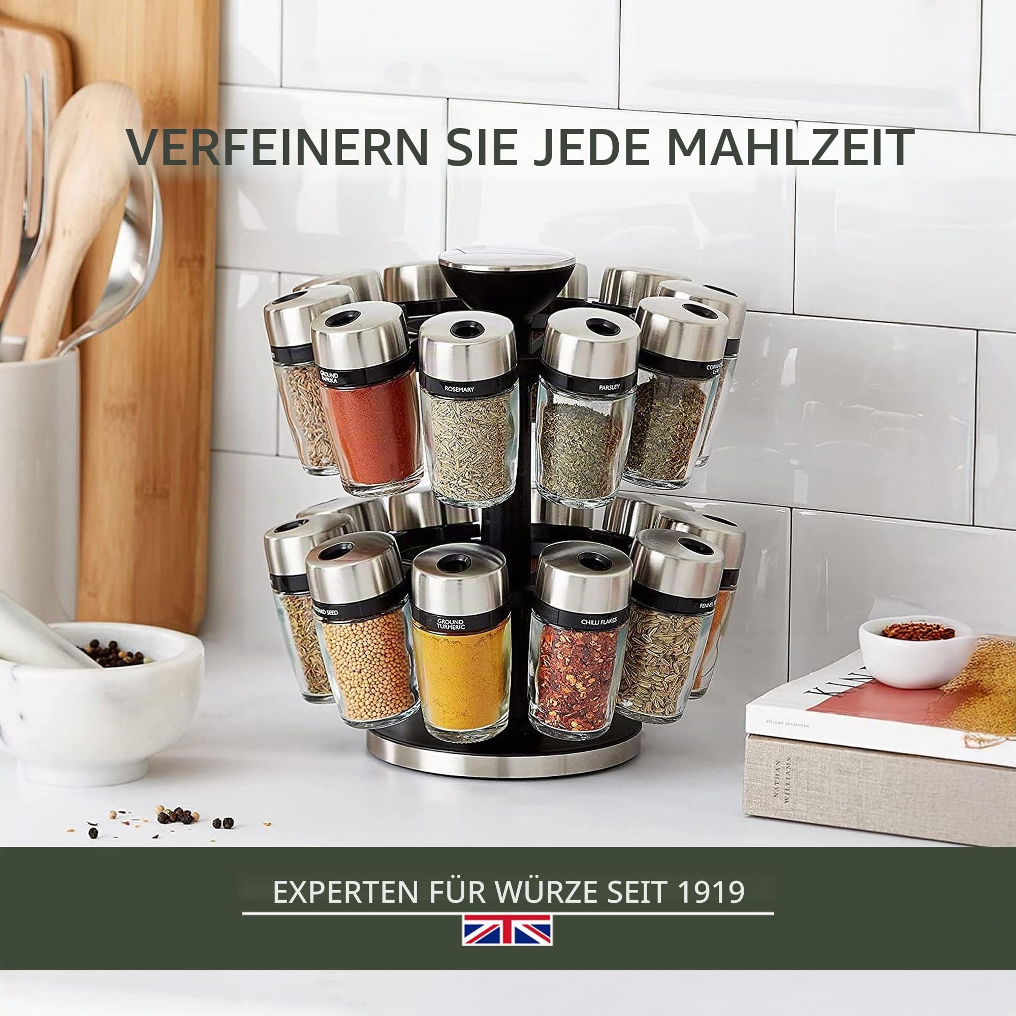 Cole & Mason Cambridge Gewürzregal mit 20 Gewürzgläser gefüllt, Gewürz Organizer, 360° Gewürzkarussell Drehbar, Edelstahl/Glas, Gewürzgläser Set mit Regal, Gewürze/Kräuter enthalte, Gewürze Set