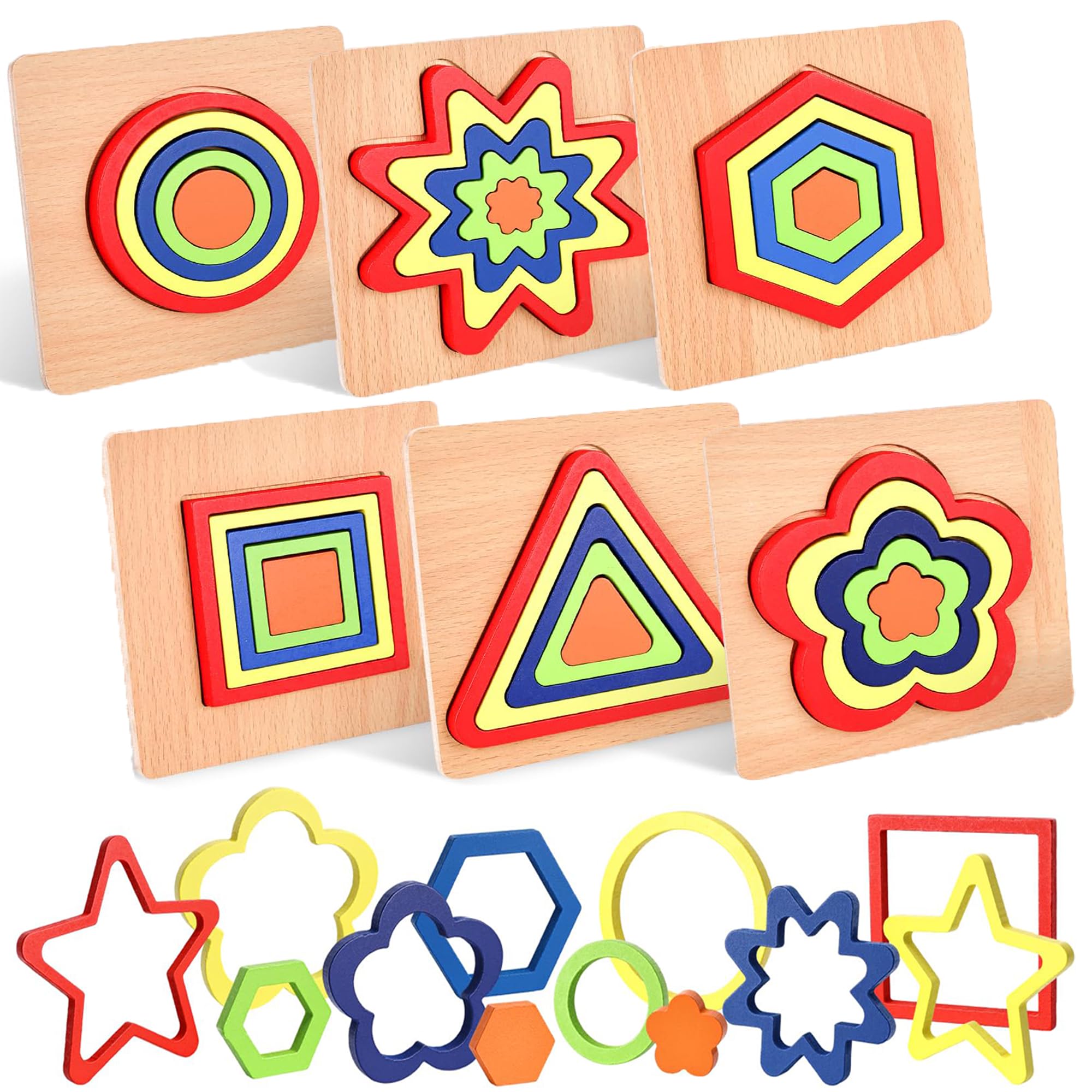 KLIFFOO 6 Pcs Wooden Shape Sorting Puzzle for Kids, Preschool Toddler Activity Games Toys, Montessori Shape Sorter Toys for Kids Boys Girls Ages 2+ Year Old | Helps Develop Motor & Reasoning Skills