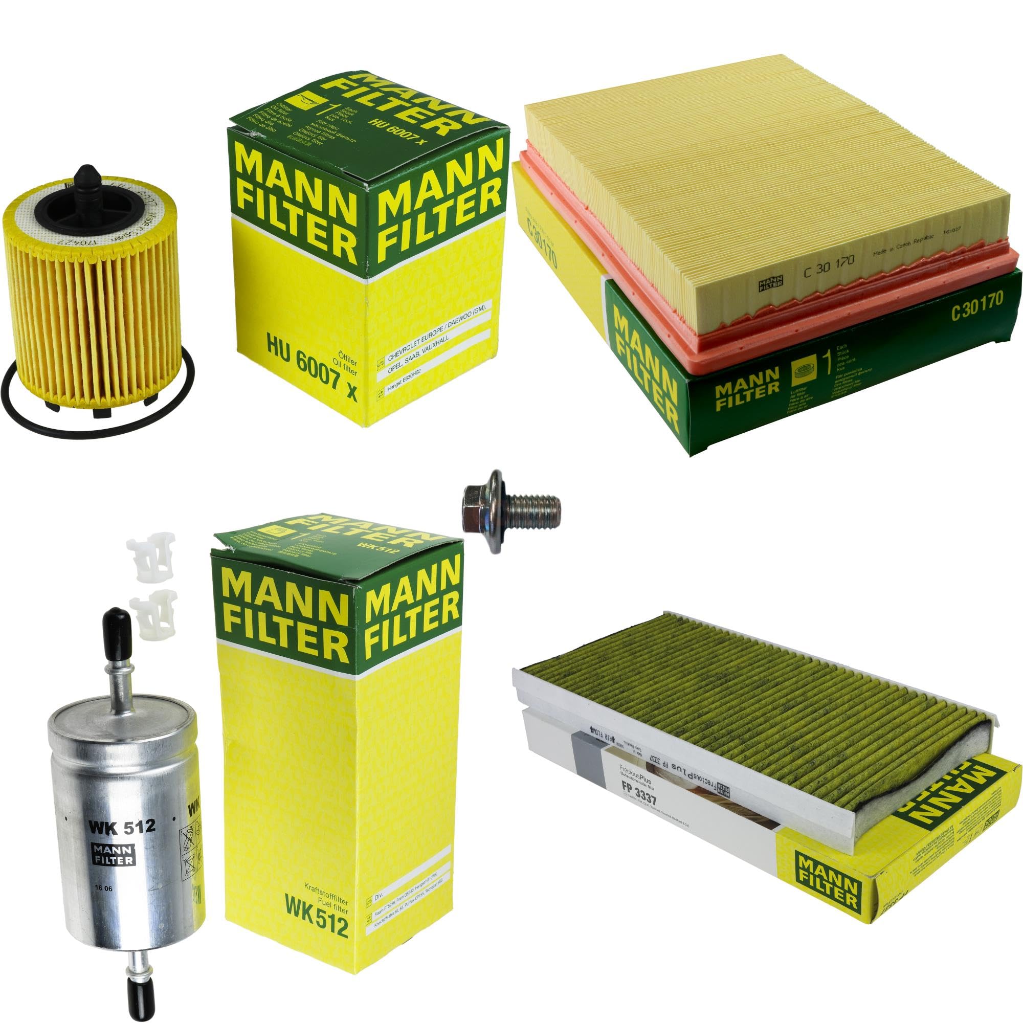 Paquete de inspección Kit de mantenimiento de filtros con filtro de aceite HU 6007 x, filtro de aire C 30 170, filtro de combustible WK 512, filtro de habitáculo FP 3337, tornillo de cierre