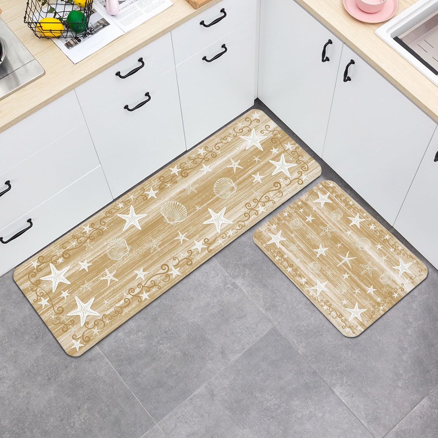 Light Brown Coastal Kitchen Mats Set of 2 Starfish Shell Summer Beach Ocean Rustic Non Slip Mat Washable Floor Rug for Kitchen Sink Floor Laundry, 15.7"x23.6"+15.7"x47.2"