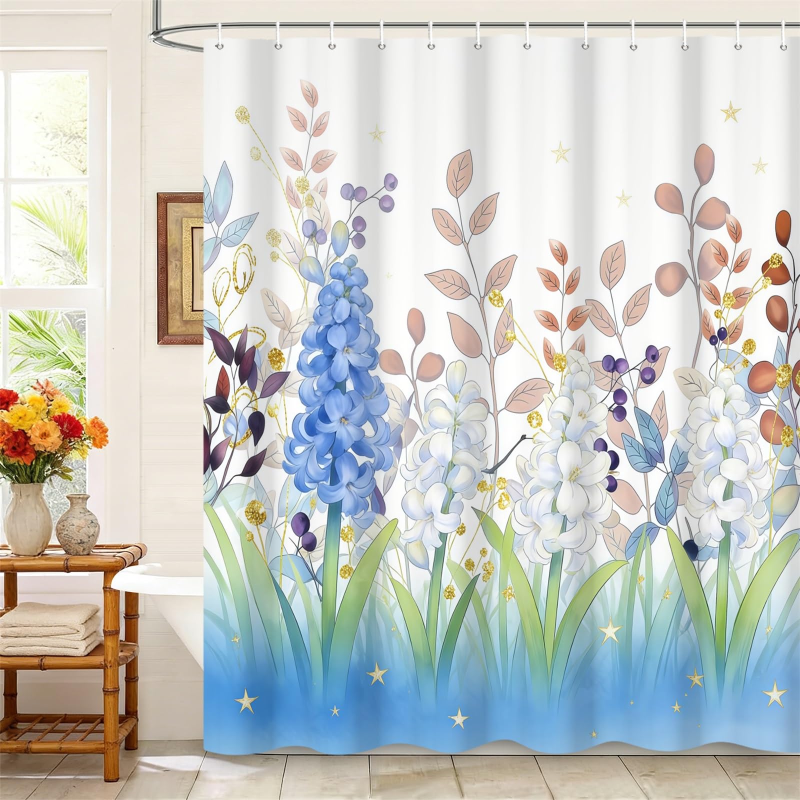 Kzzfqxb 105x160cm Floral Shower Curtains with Plastic Hooks, Botanical Herbs Blue Hyacinth Flowers White Freesias Waterproof Occluded for Bathtub, Elegant Beautiful Polyester Fabric for Girls Bathroom