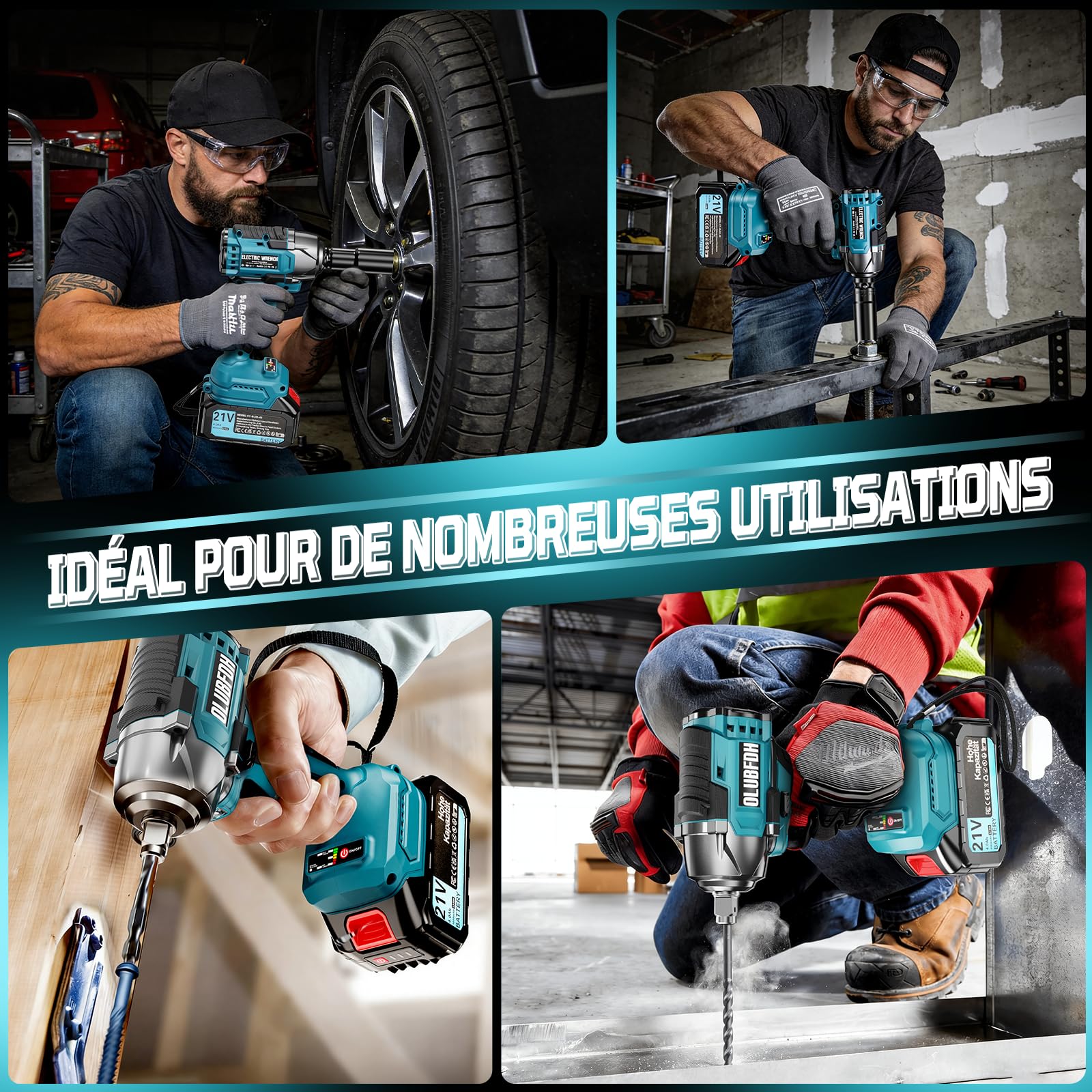 Clé à Chocs Sans Fil Brushless, avec 4.0 Ah Batteries, Couple Maximal 500 Nm, avec 6 Douilles à Chocs, chargeur rapide, 21V Visseuse à Chocs pour Voiture Familiale/Camionnette