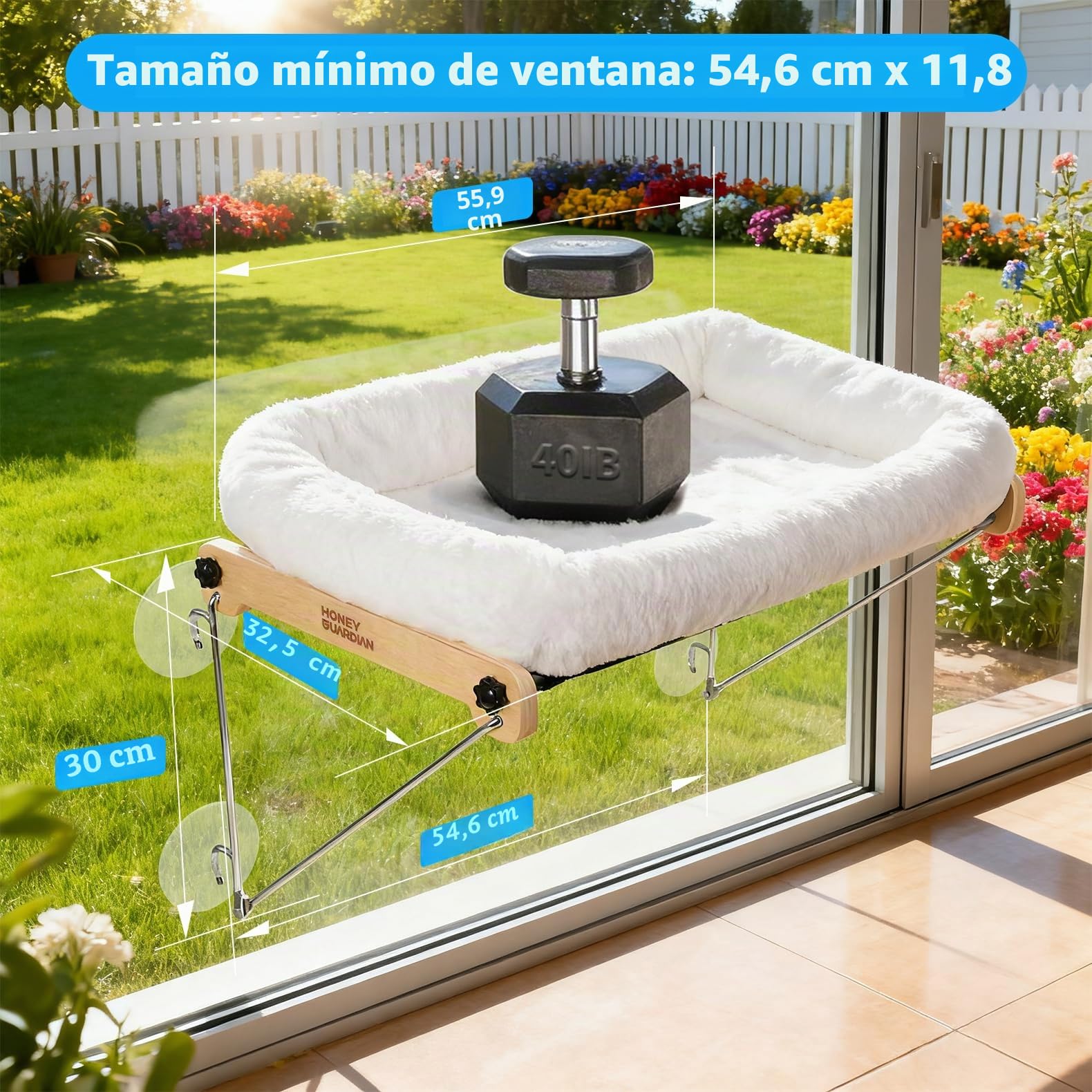 HONEYGUARDIAN Cama Gatos Ventana, Hamaca Gato Ventana de Madera con Ventosa Fuerte, Amaca Camita para Gato, Cama Colgante para Gatos Soporta hasta 18kg con Lavable & Reversible Cojín, 56 x 33cm