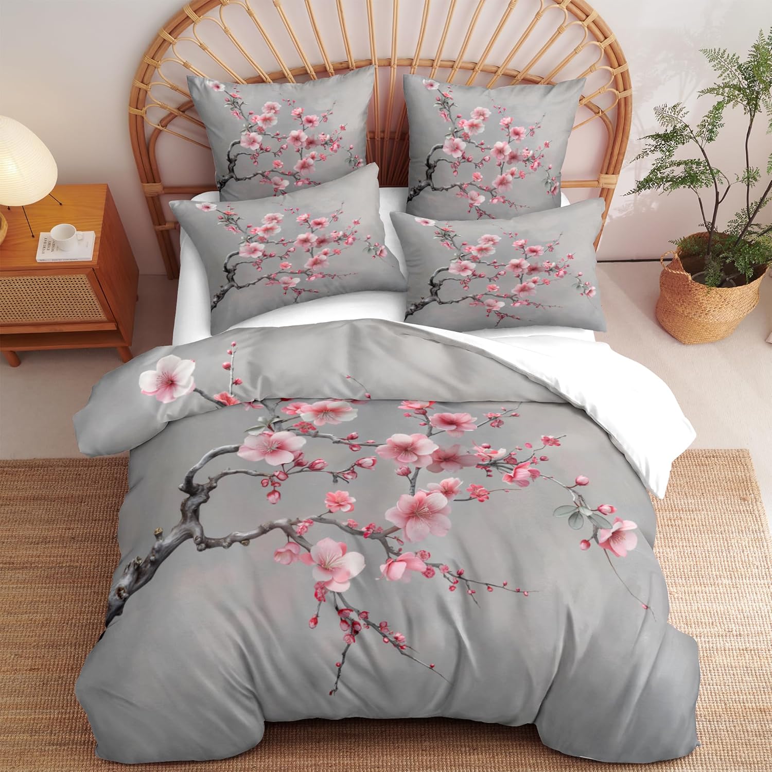 CCoutueChen Cherry Blossom Comforter Set Queen Japanese Style Gray and Pink Floral Bedding Set Japan Bedroom Deccor Bedding Aesthetic Flower Branch Pattern, Ultra Soft Lightweight Comforter Sets