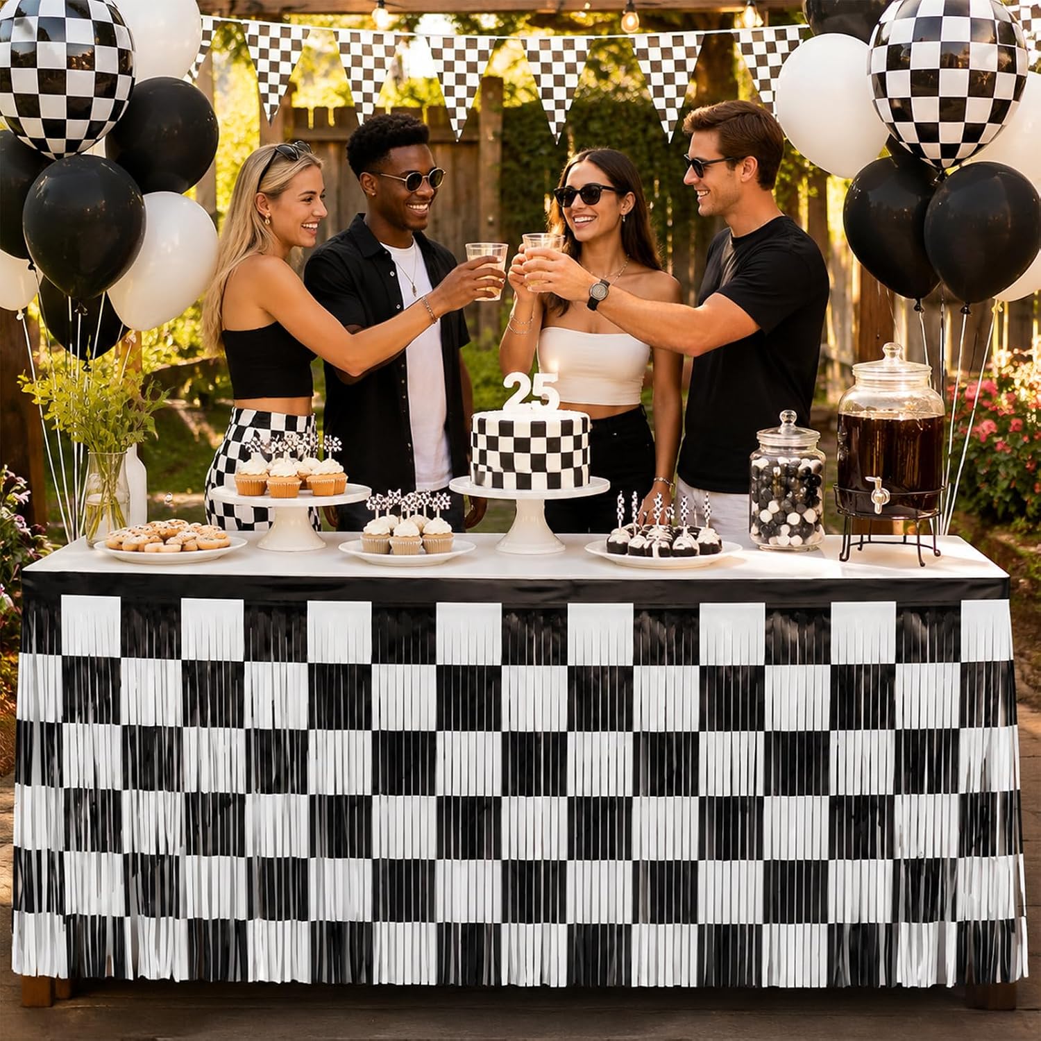 2 Pack Checkered Table Skirt Foil Fringe Table Cloths for Race Party