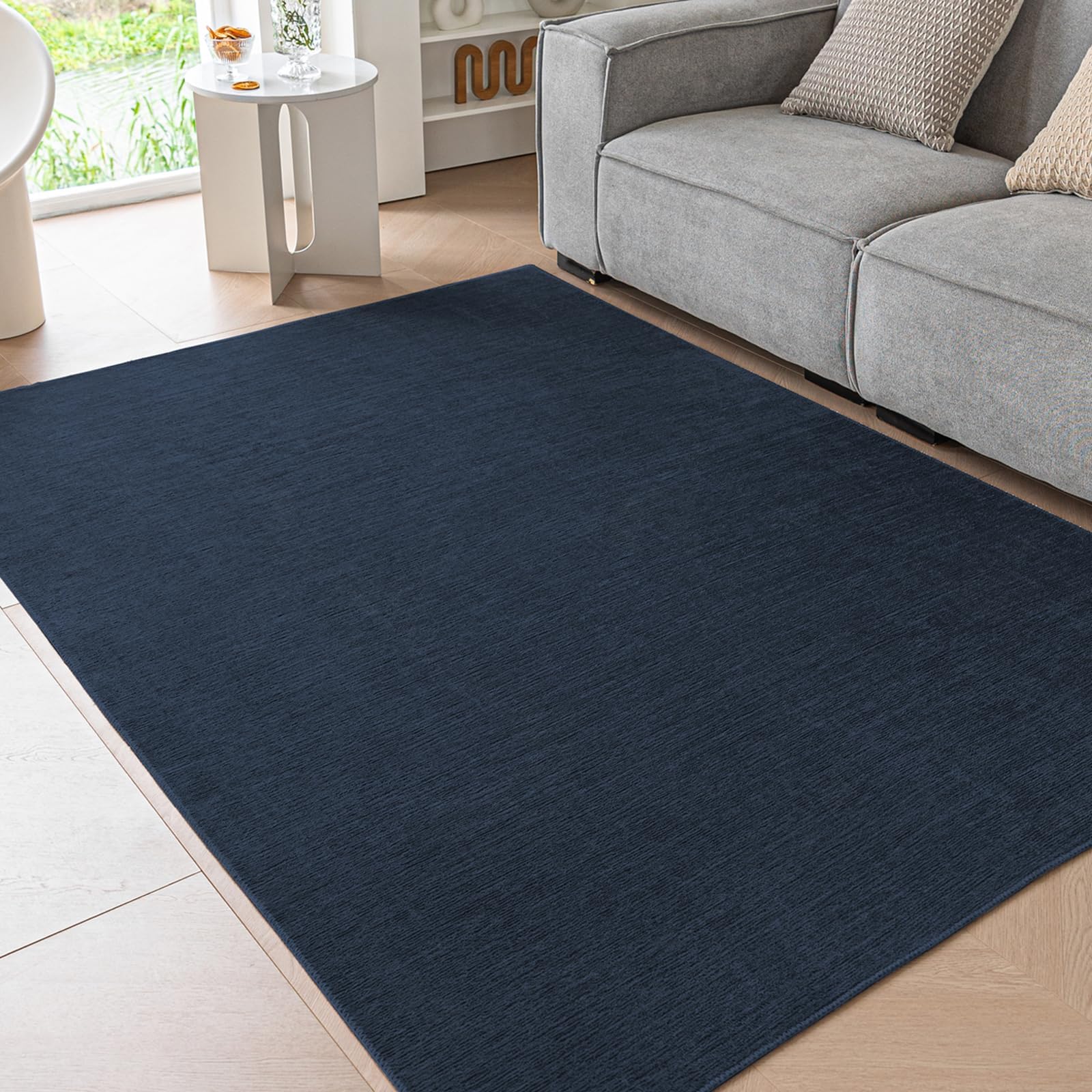 Ceneco Large Rugs Living Room,Chenille Short Pile Rug,Thin Machine Washable Rug,Non Slip Kitchen Rug,Low Pile Area carpet for Kids Room,Lounge, Bedside,Office(Navy Blue,140×200cm) — image 1