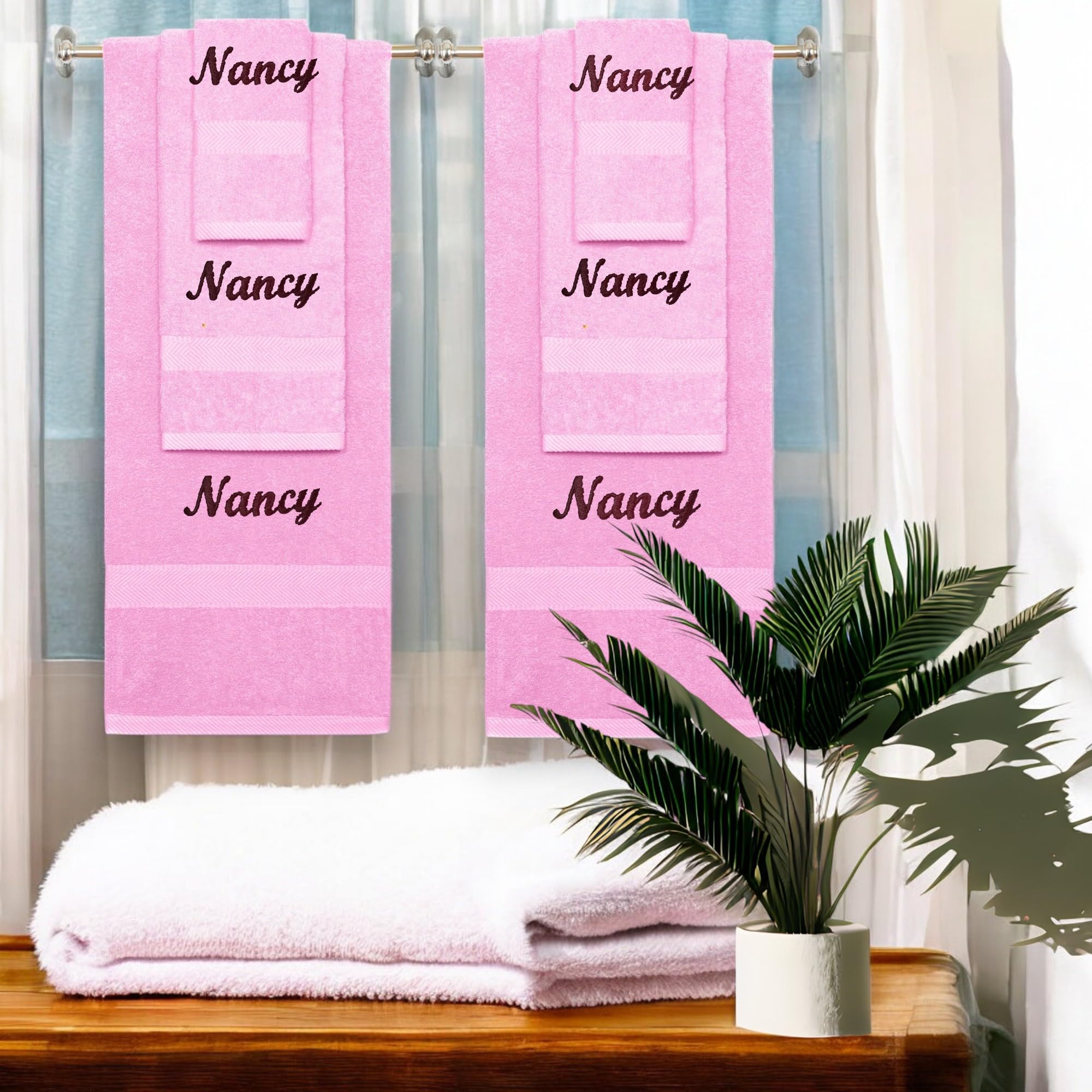 BY LORA Juego de 6 toallas de algodón de rizo personalizadas, toalla de baño, toalla de mano y paño de mano, ideal para bodas, inauguraciones de casa y regalos para el nuevo hogar, color rosa