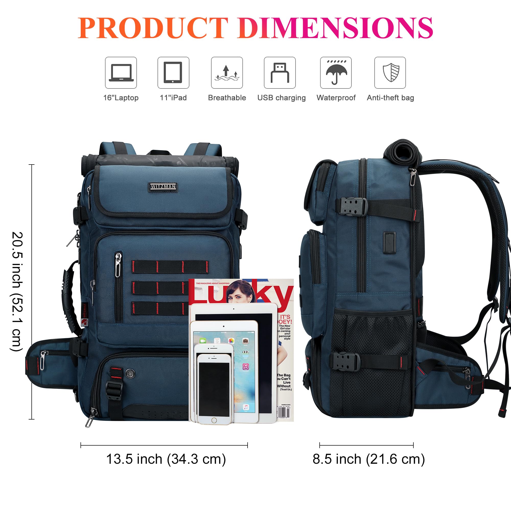 WITZMAN Sac à Dos de Voyage Homme Nylon Convertible avec USB