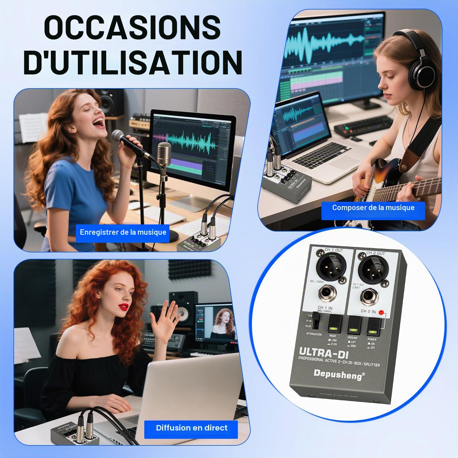 Ultra-DI Di2 Boîtier de direct/splitter actif professionnel à 2 canaux avec atténuateur d'entrée pour connecter une guitare et une basse, connecteur symétrique et asymétrique, prise en charge 48 V