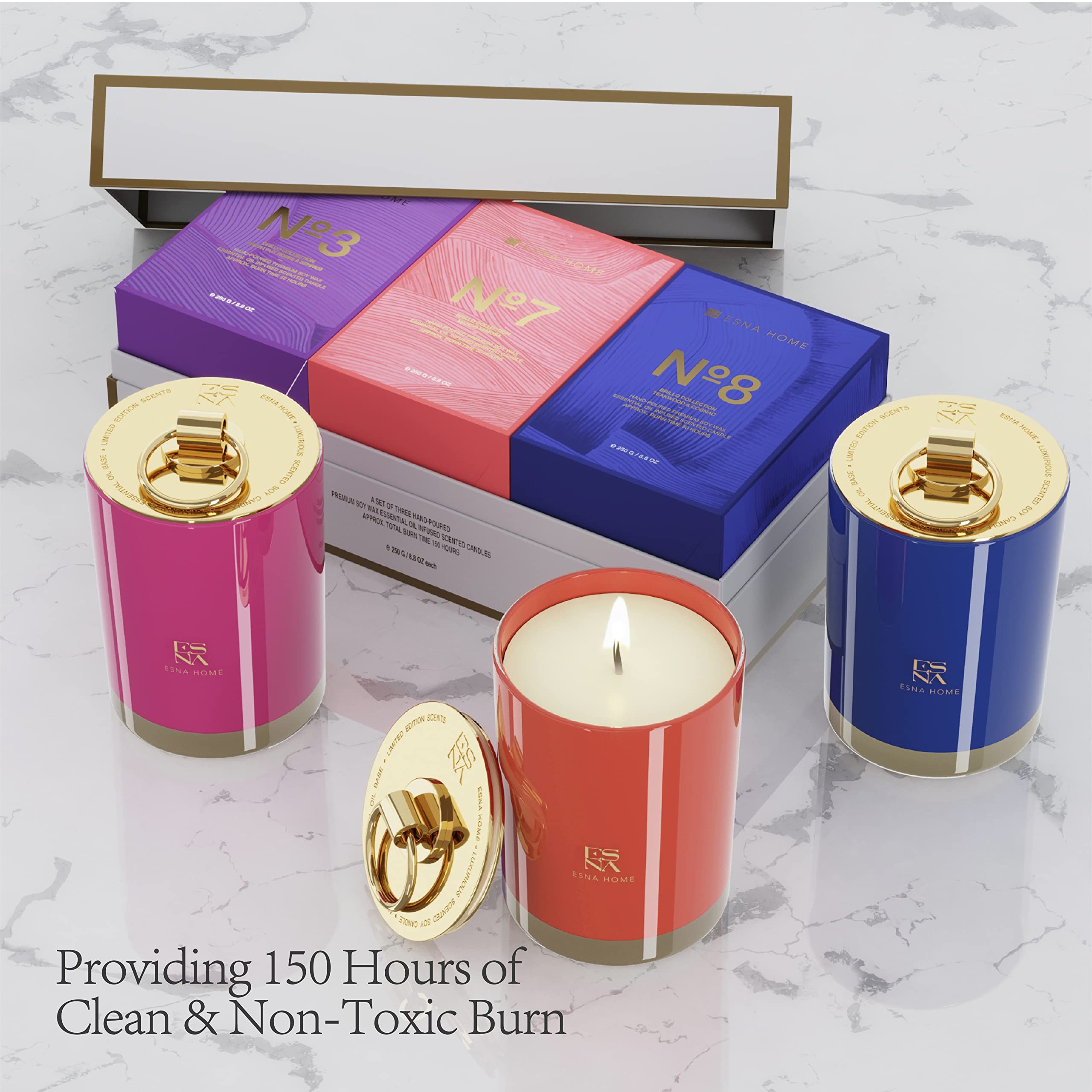 ESNA HOME Luxury Trio - Juego de regalo de temporada, 3 velas aromáticas de soja natural de tamaño completo, 150 horas de combustión limpia, regalos de inauguración de la casa para mujeres