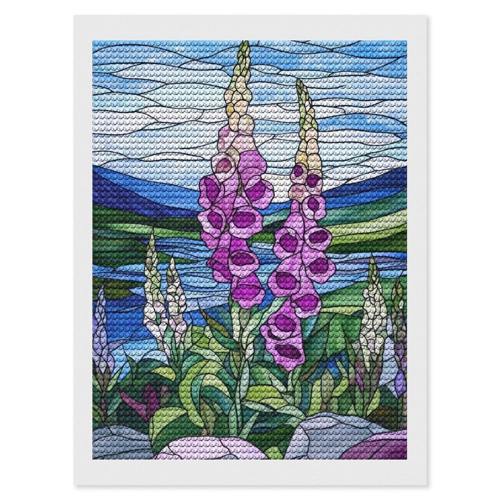 Junmoney Stained Glass Foxgloves Diamond Painting Canvas Set 12"x16", with Tool Kit, Easy to Enjoy, Home Wall Decor, Thoughtful Handmade Gift