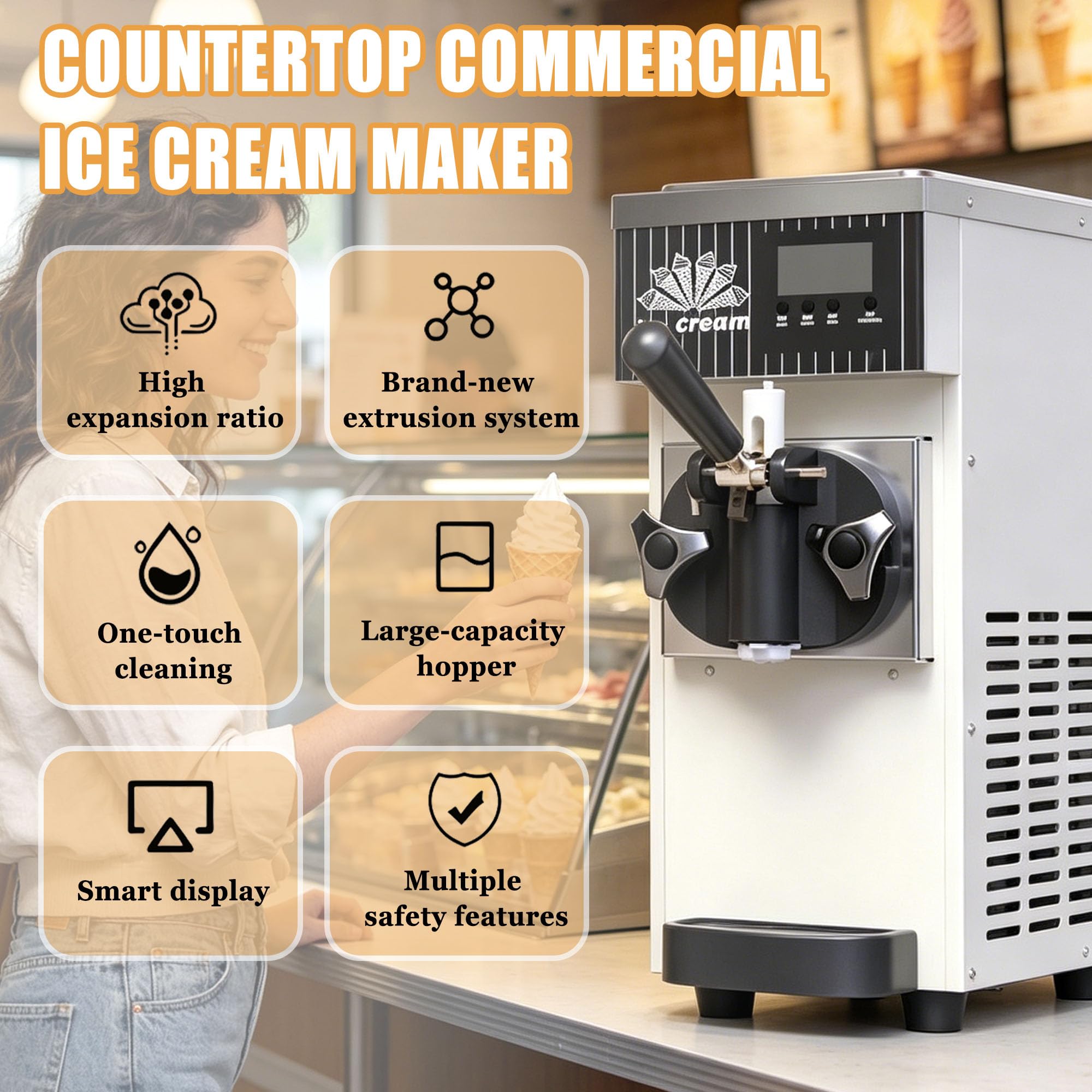 Máquina De Helados Profesional - Soft Serve - Heladera Soft Serve con Compresor Autorefrigerante, con Panel LCD, Limpieza Automática Y Cubeta De 1L, Producción 4-5 Kg/H