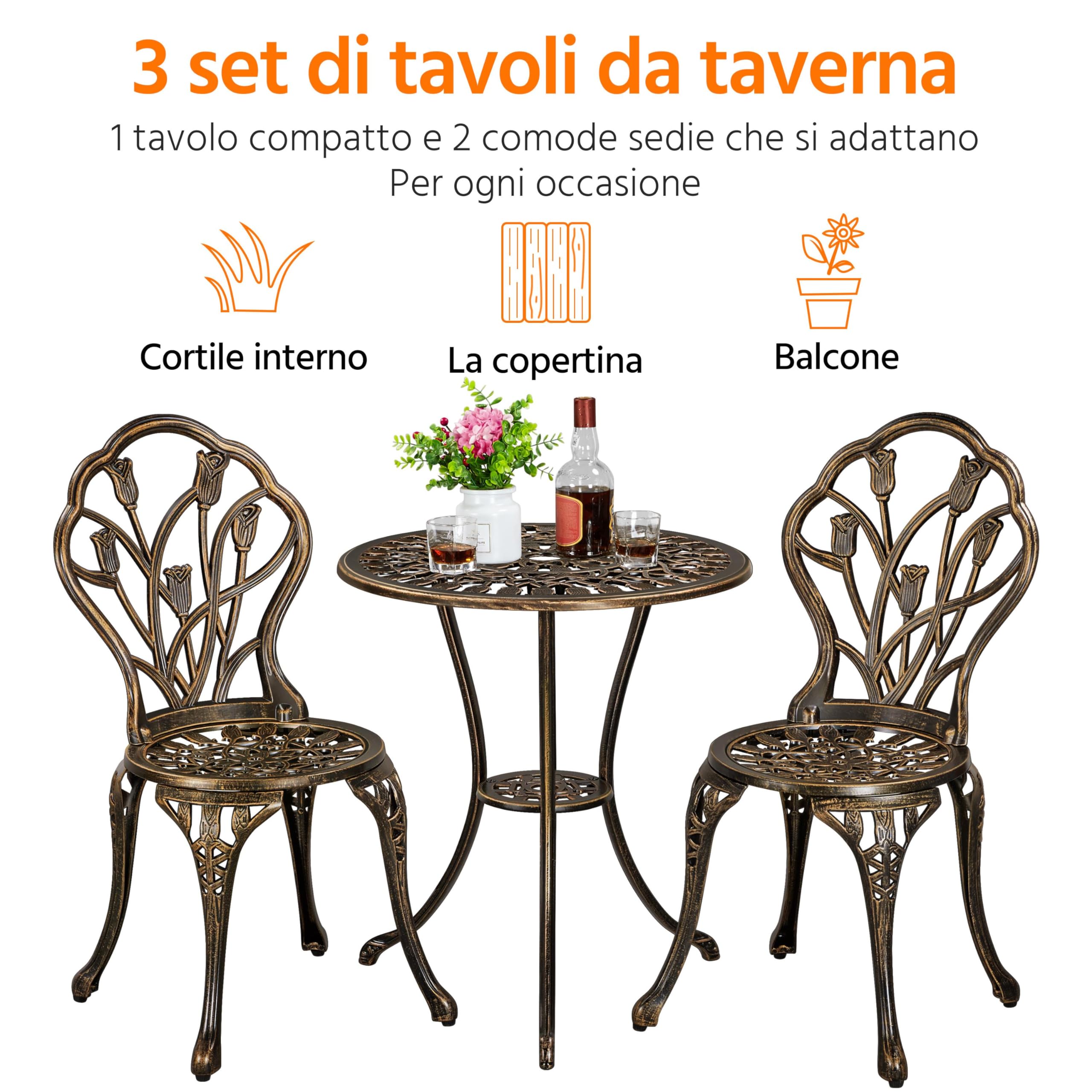 Yaheetech Set di Tavolo e Sedie da Giardino Set Mobili 2 Sedie 3 Pezzi Bistrò Veranda Balcone Motivo a Tulipano Lega di Alluminio Bronzo
