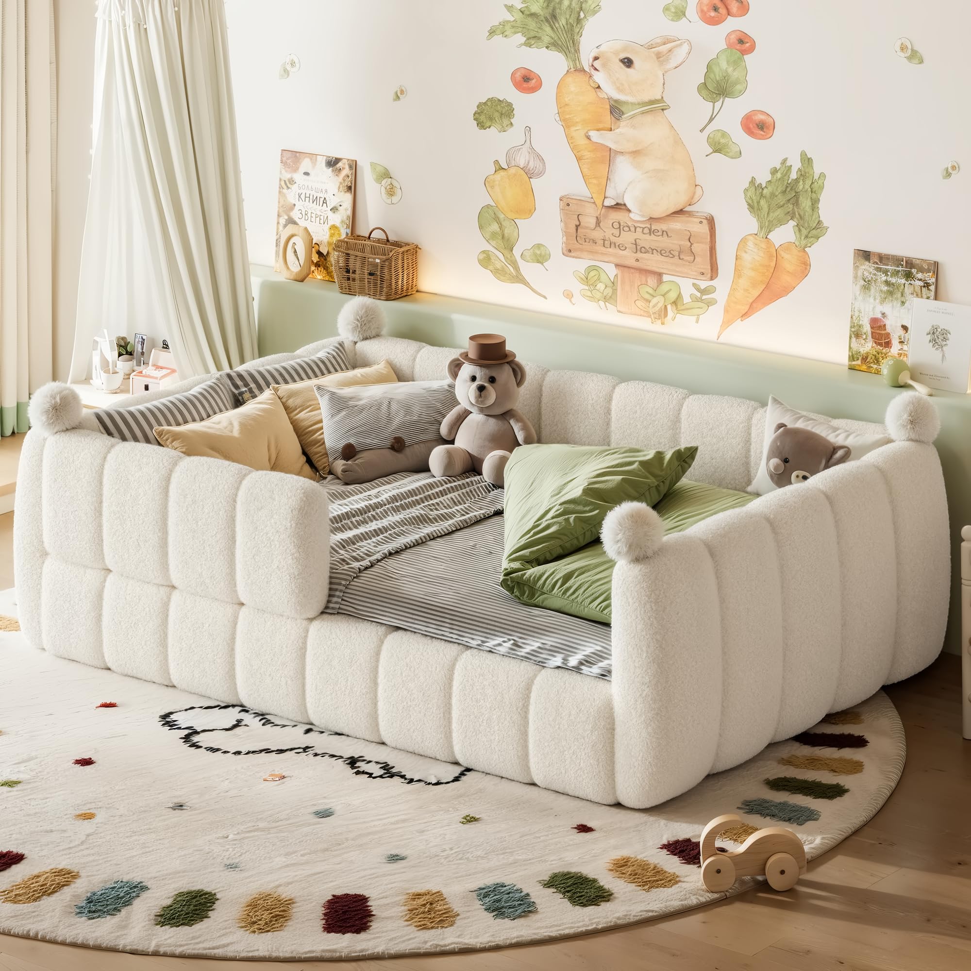 Photo 1 of Bellemave Full Size Teddy Fleece Upholstered Montessori Floor Bed with Fence,Low Profile Kids Bed Frame with Full Padded Safety Guardrails, No Box Spring Needed for Boys and Girls,Beige
