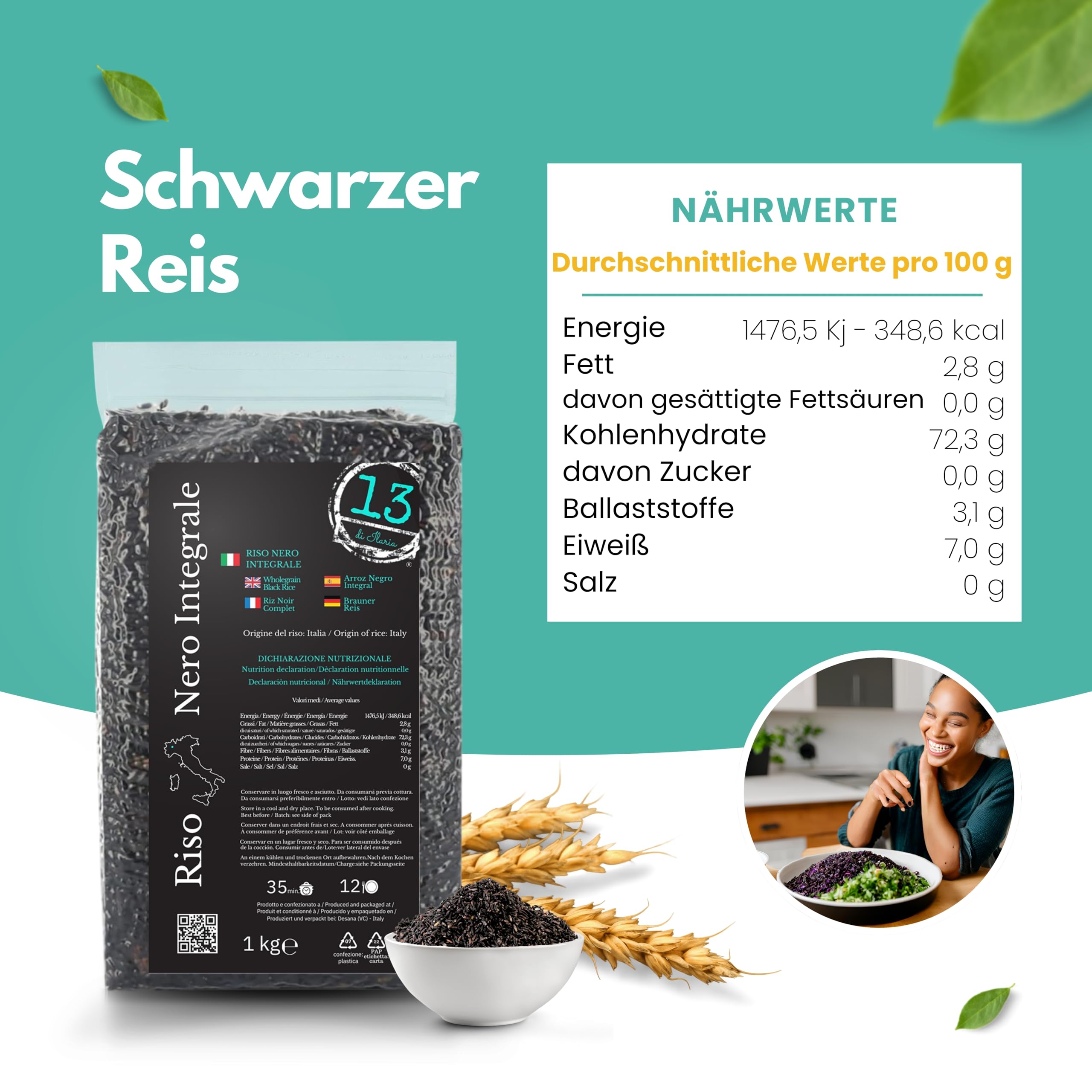 Schwarzer Vollkornreis 6 kg (6 x 1 kg, Venere-Typ) aus Italien | 6 x 1 kg schwarzer Vollkornreis aus Italien (Venere-Typ), ballaststoffreich, glutenfrei, ideal für Bowls und Meal Prep