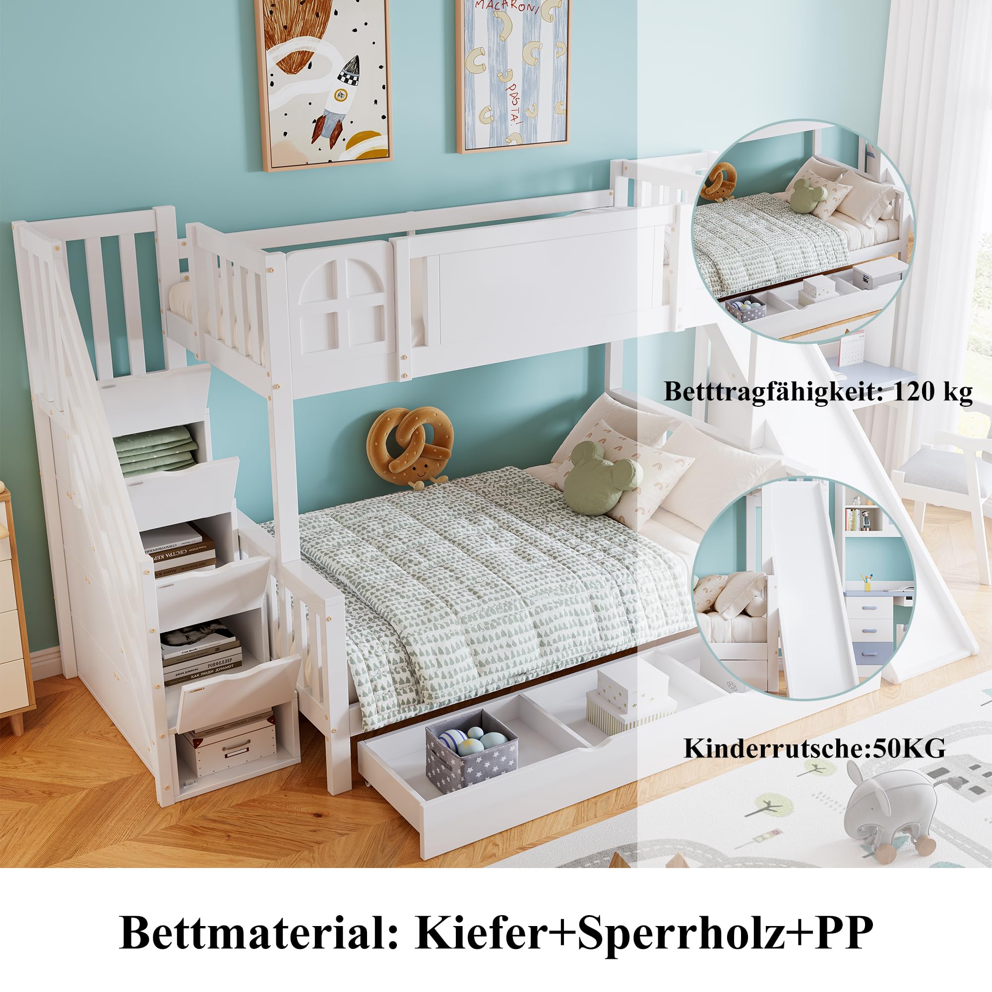 Kinderbett Etagenbett 90x200 cm&120x200 cm, Hochbett mit Kinderrutsche, Schubladen mit Rollen, Stauraum Treppen mit Handlauf, Bettgestell mit Lattenrost aus Holz und Rausfallschutz, Weiß