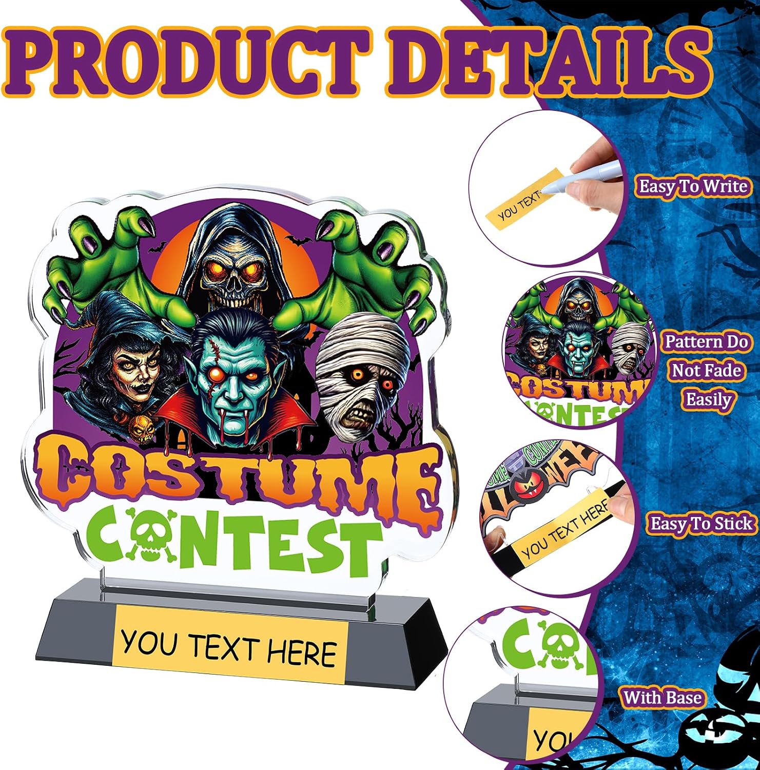 Colingmill 3 Pcs Halloween Trophy Award 5.4 Inch Acrylic Costume Trophy Halloween Costume Contest Awards Funny Pumpkin Vampire Witch Cosplay Rewards Prizes for Office Party Supplies