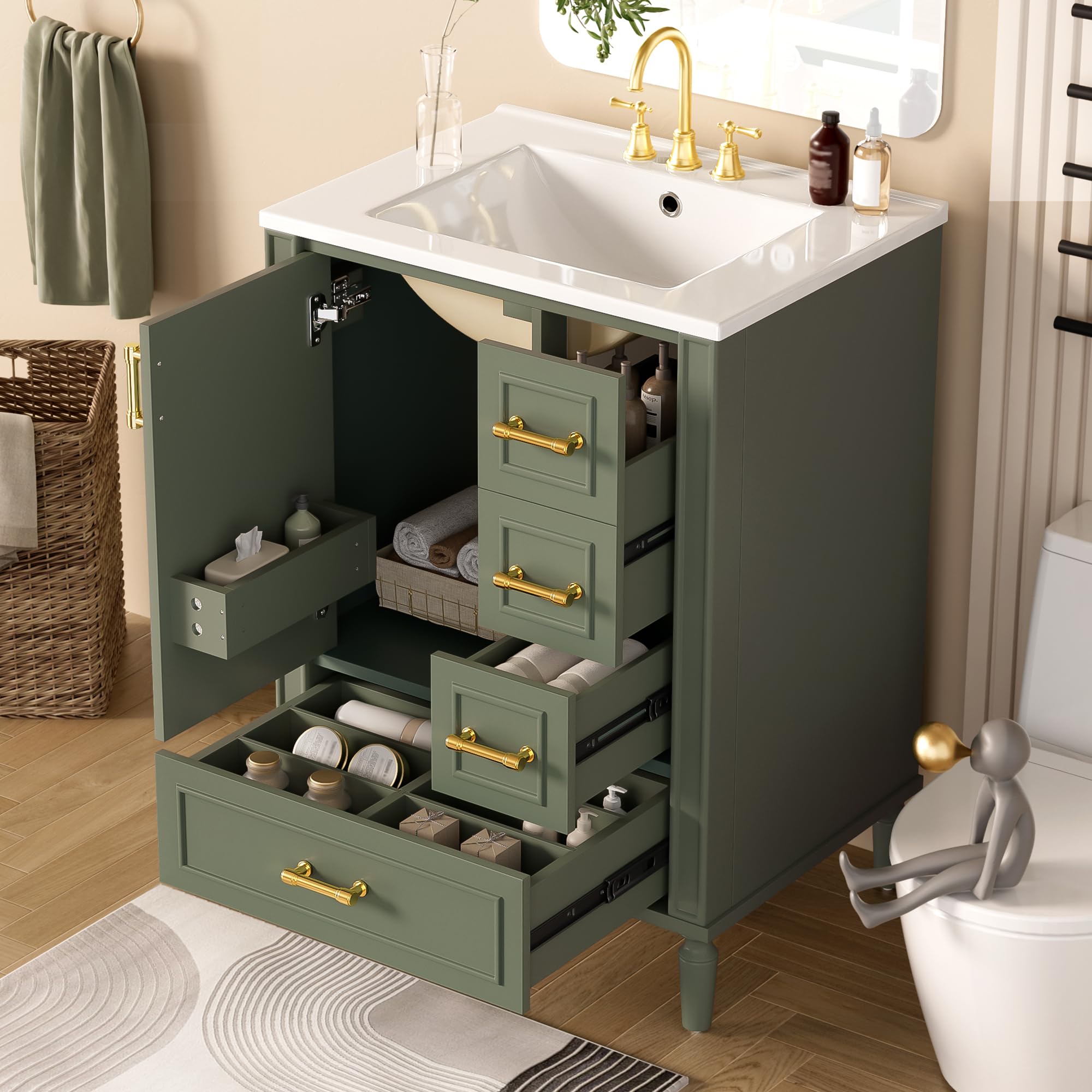 Elysionix Bathroom Vanity with Sink, Modern 24-inch Bathroom Vanity with Ceramic Sink, Soft-Close Door, Double-Layer Door Shelf, and 3 Drawers, Green
