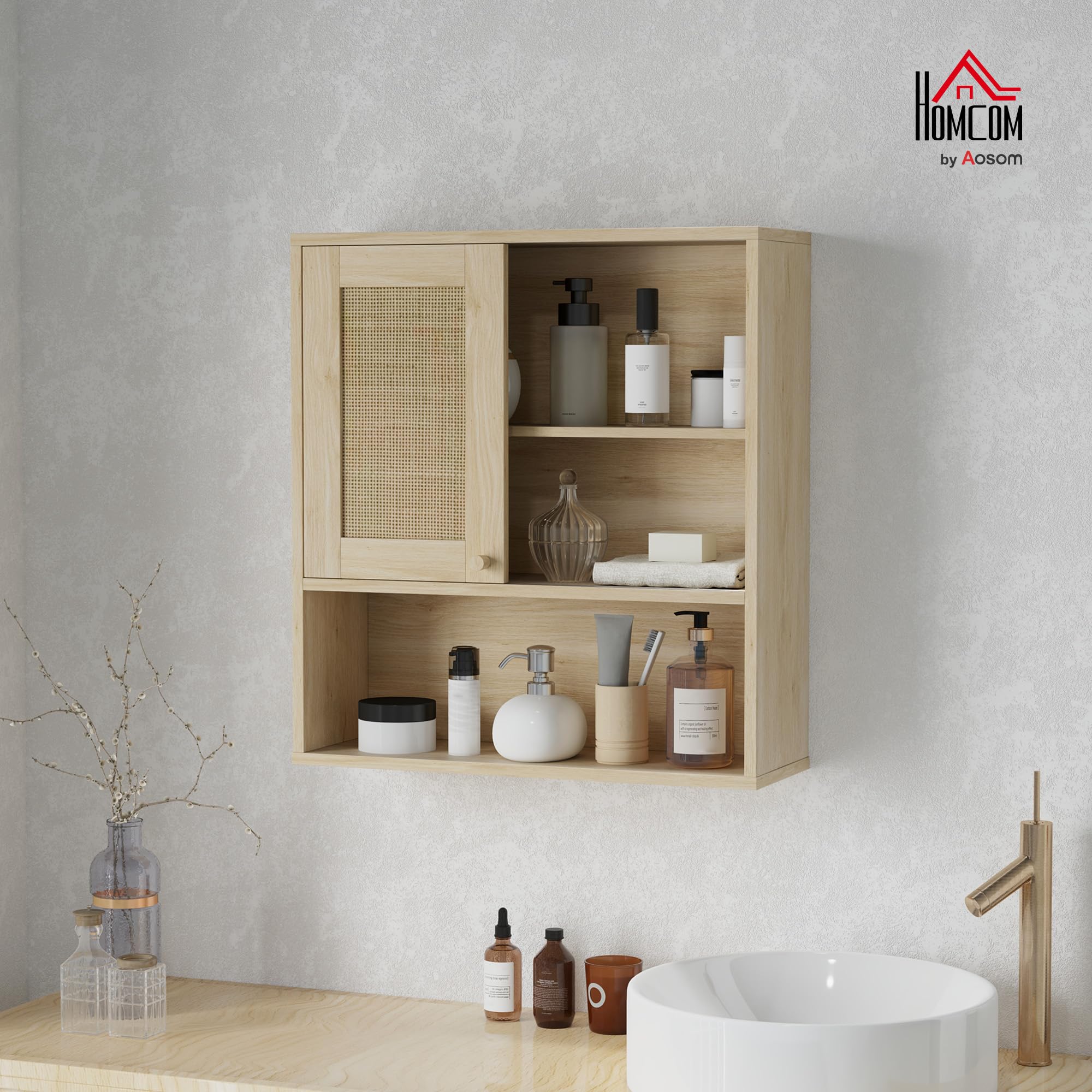 HOMCOM Armoire murale, meuble haut salle de bain avec porte coulissante en rotin et étagères ouvertes, meuble de salle de bain style bohème, meuble de rangement suspendu, 60 x 20 x 65 cm, bois naturel