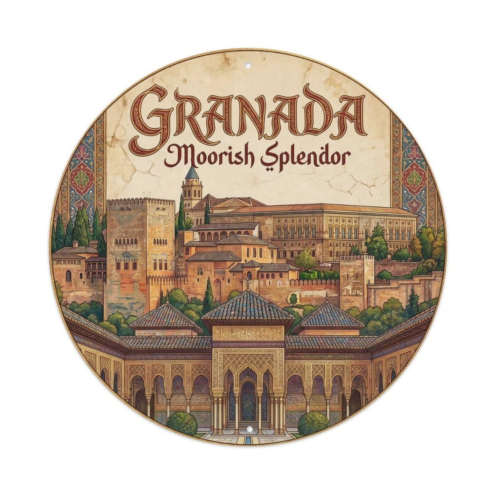 Granada Moorish Palace Spain Heritage Travel Andalusia Metal Tin Sign Plaque Wall Decor for Cafe, Man Cave, Club Bar, Office, Home Garden Round Metal Poster 8x8Inch