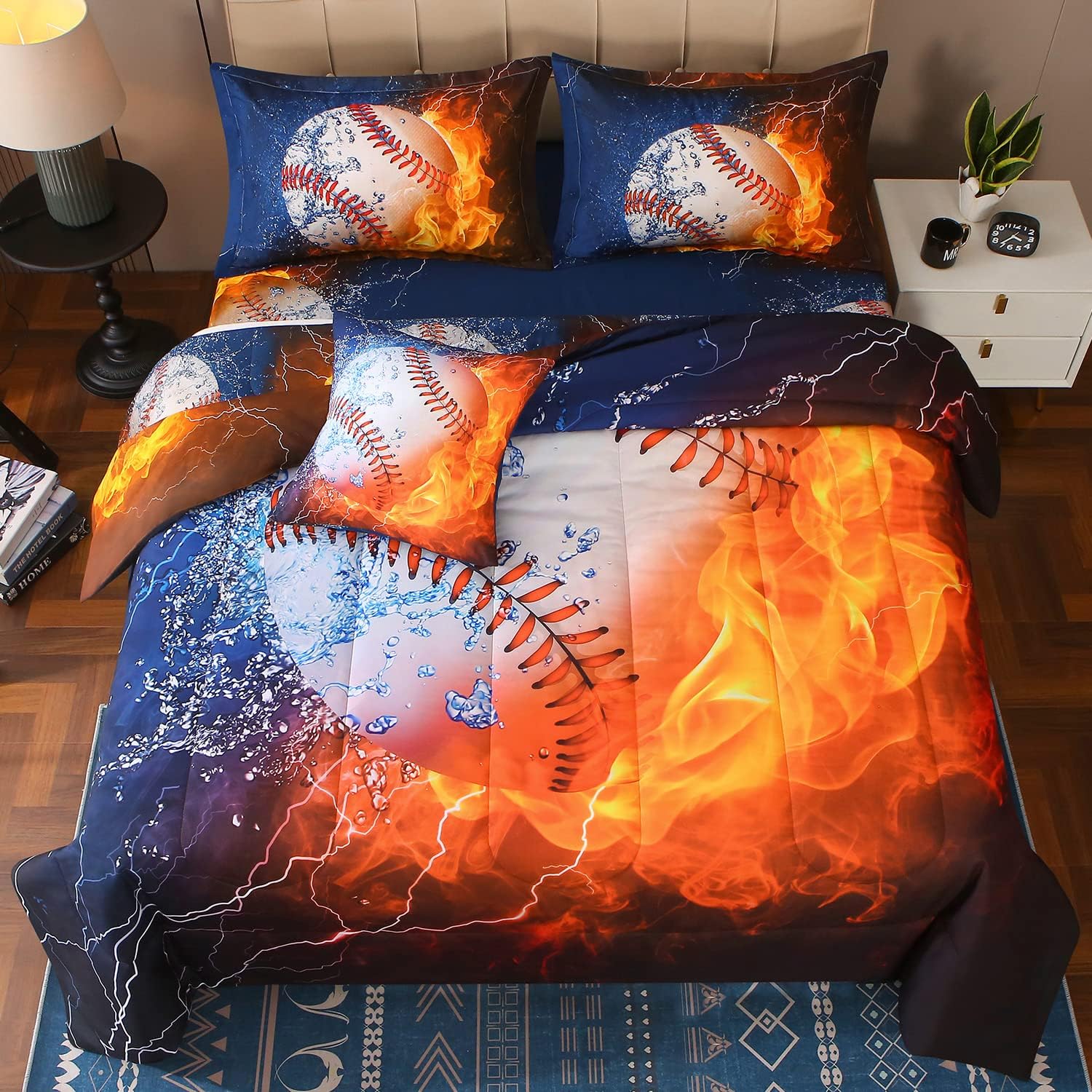 JQinHome Full Baseball and Fire Comforter Sets for Boys,6