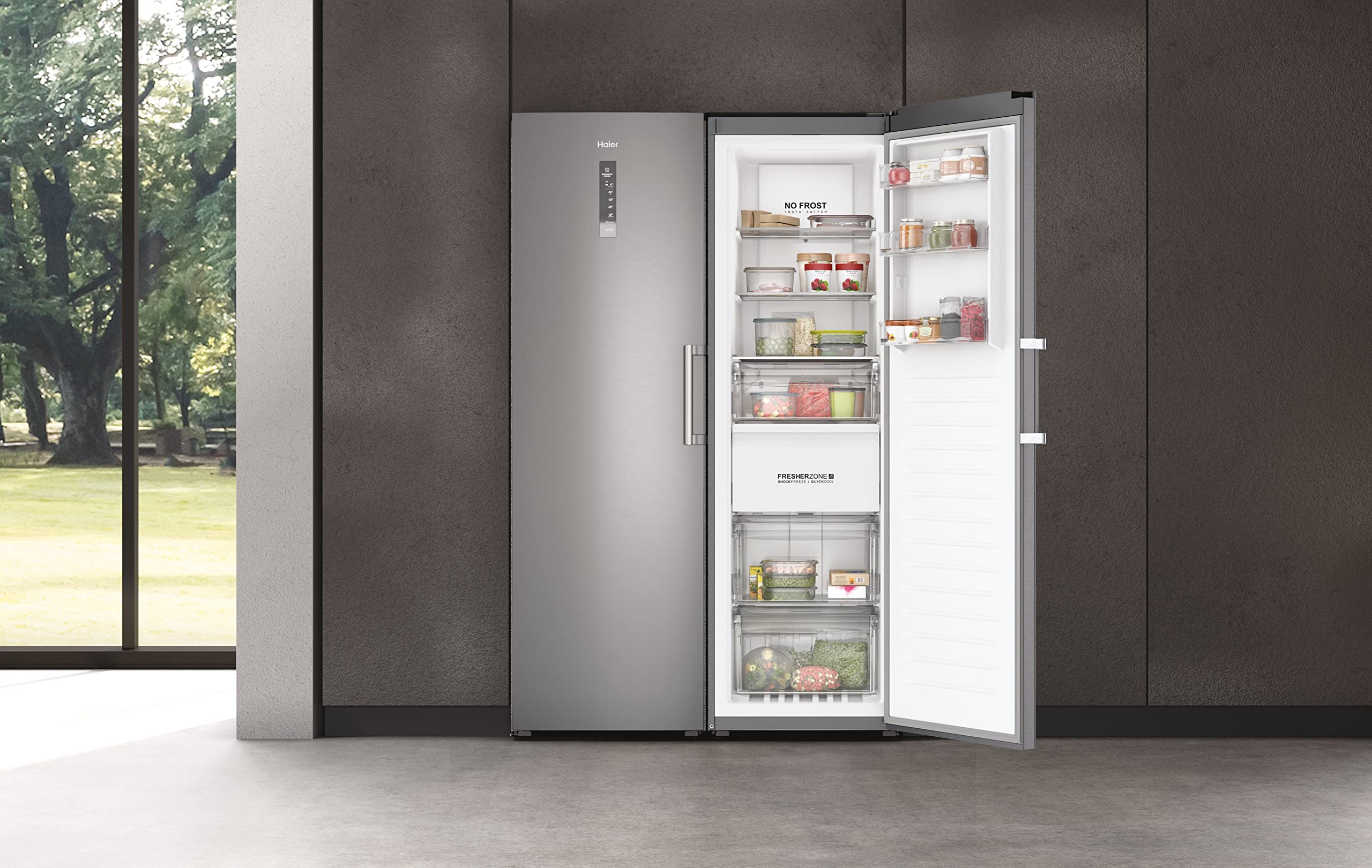Haier Gefrierschrank H3F330SEH1 | InstaSwitch, Smart hOn App, Nutzvolumen 330 L, Inverter-Kompressor, Fresher Zone, No Frost, Digitales Türdisplay, Silber
