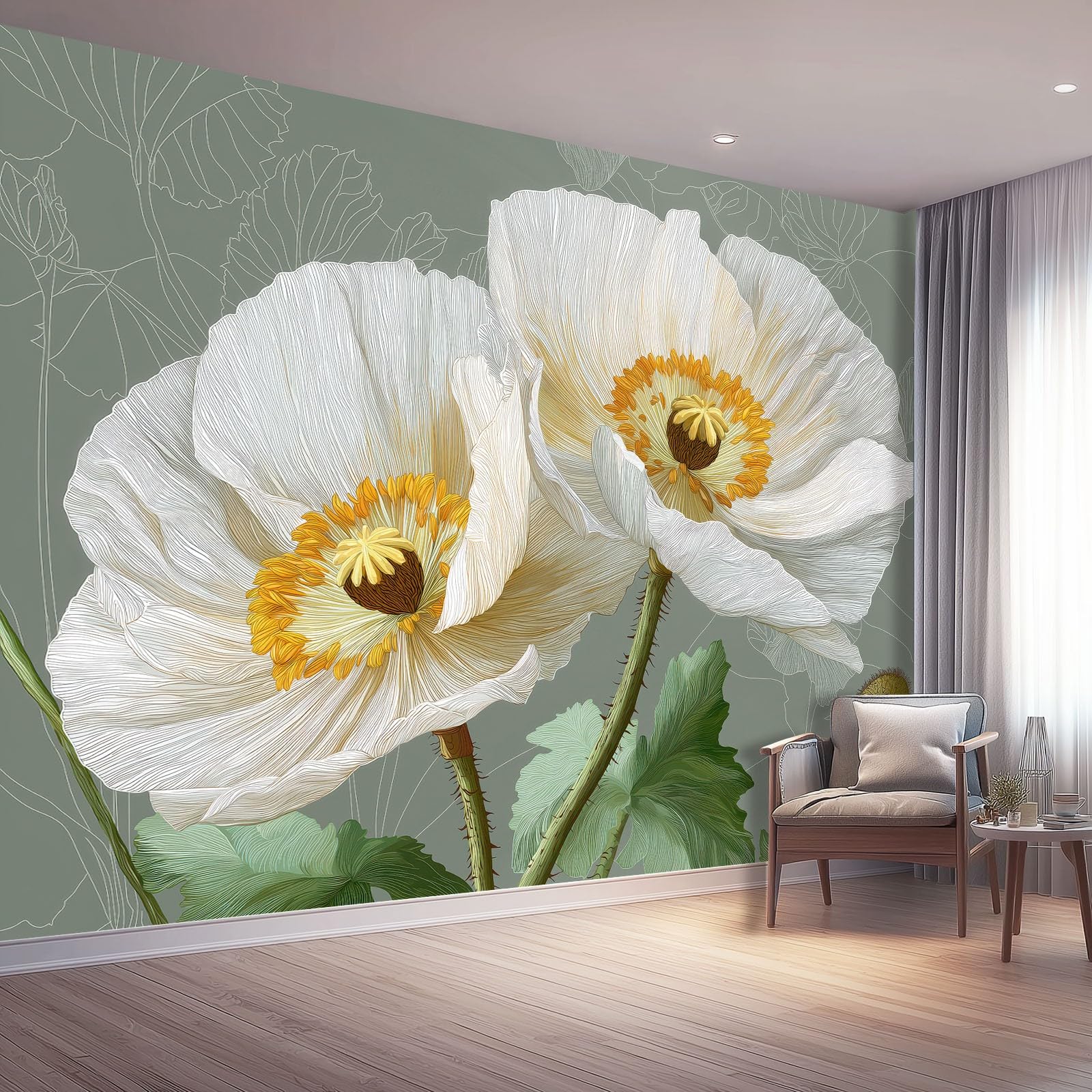 Tapeta z motywem 250 x 175 cm, maki, tapeta z motywem do pokoju dziecięcego i kącika do majsterkowania, jasnozielona