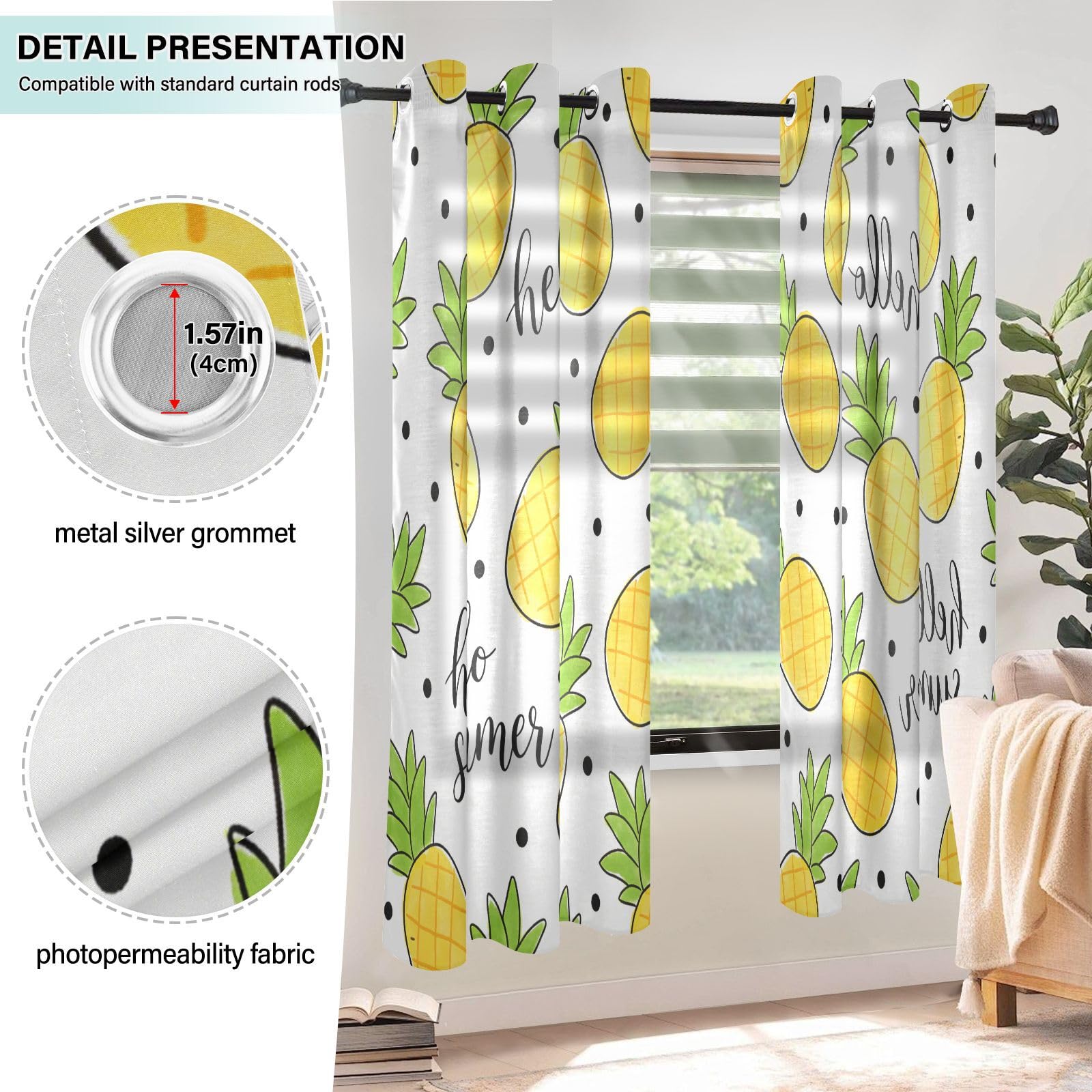 Cortinas decorativas que filtran la luz, bonitas piñas amarillas en verano, cortinas de sala de estar, 160 cm de largo, transparentes, juego de 2 paneles