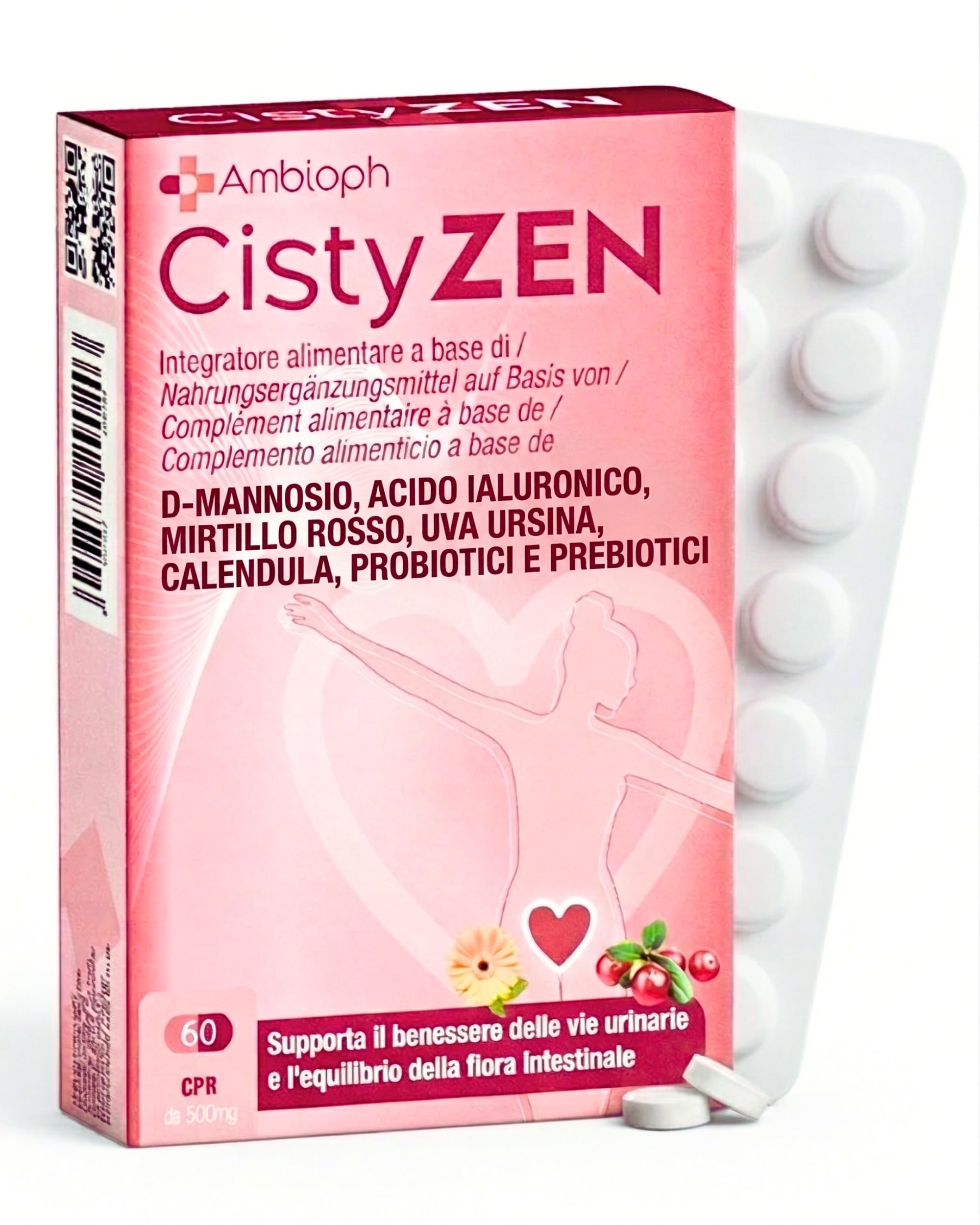 Cistyzen, D-mannosio e Mirtillo Rosso, per Cistite e infezioni delle vie urinarie - 60 capsule con Probiotici e prebiotici, Integratore naturale, soluzione ideale per la Vaginosi Batterica e Cistite