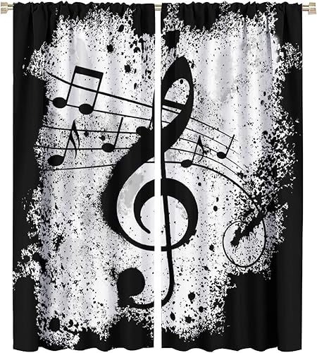 Cortinas opacas abstractas y modernas con bolsillo para cortinero, para sala de estar, aislamiento térmico, rústico, negro, blanco, símbolo, música,