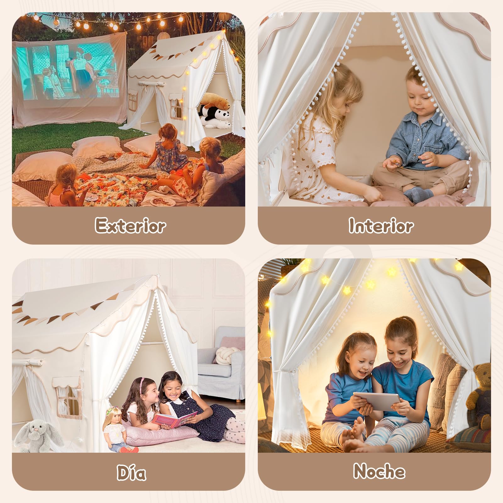 JONRRYIN Tienda Campaña Infantil con 2 Puertas, Cabañas para Niños con Luces Banderas y Bajera, Casitas Infantiles Tela Interior, Ideal Tienda Campaña para Niños Niñas