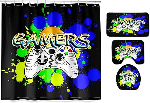 Miniatura 2 de kodhyvj Juego de 4 cortinas de ducha para niños, juego de baño con cortina, alfombra, funda de inodoro y tapete en forma de U, decoración de baño