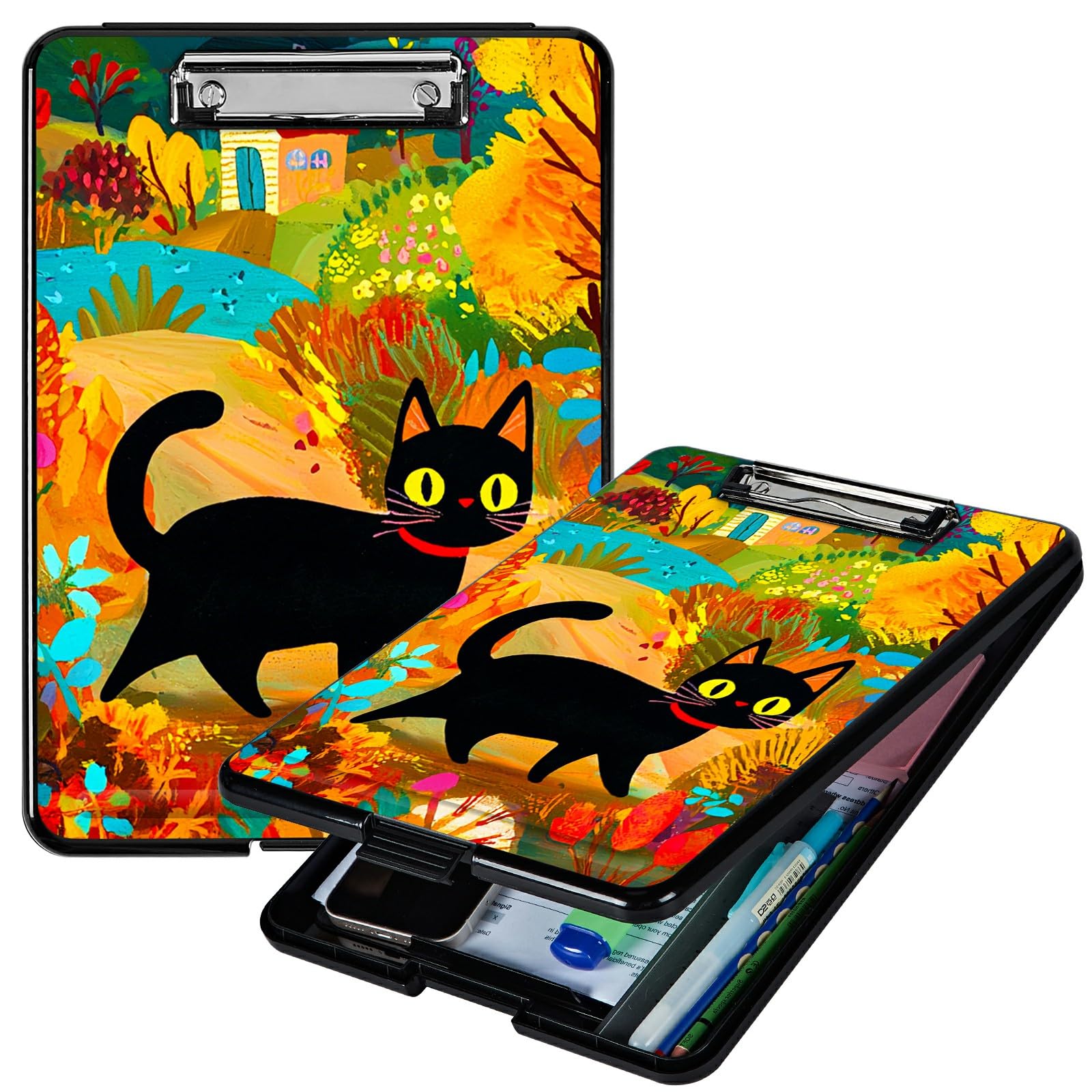 RWUTYTIUL Black Cat in Autumn A4 Clipboard with Storage Pen Holder, Clipboards Organizer Nursing Clipboard Foldable File Folder Plastic Clipboard Folio Clip Board for Office Students Classroom Doctor