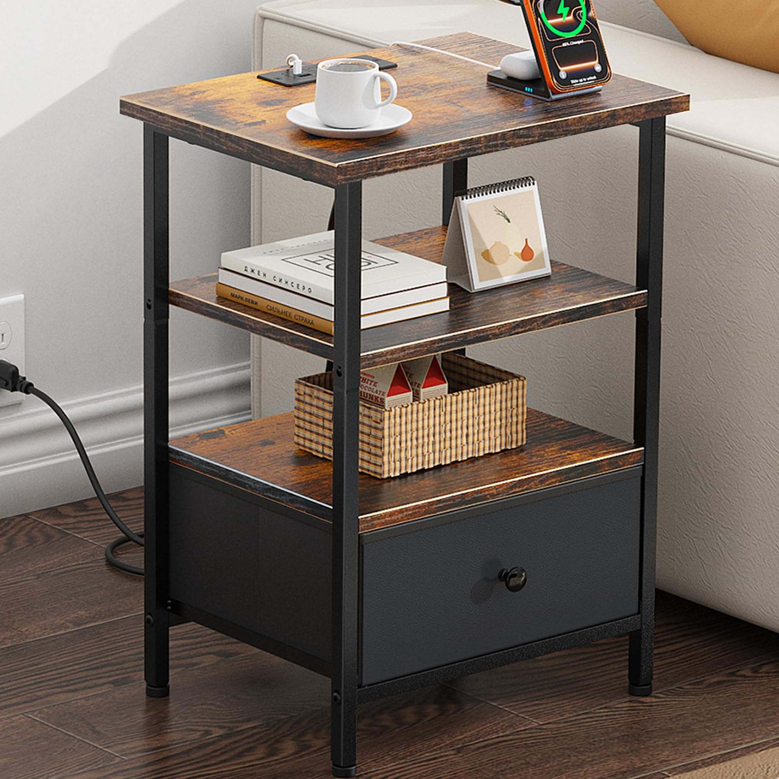 Photo 1 of **UNTESTED**
Tensirock Side Table with Charging Station, Nightstand with Adjustable Fabric Drawer, Bedside Table for Bedrooms, Living Rooms & Home Decor (Brown Black)