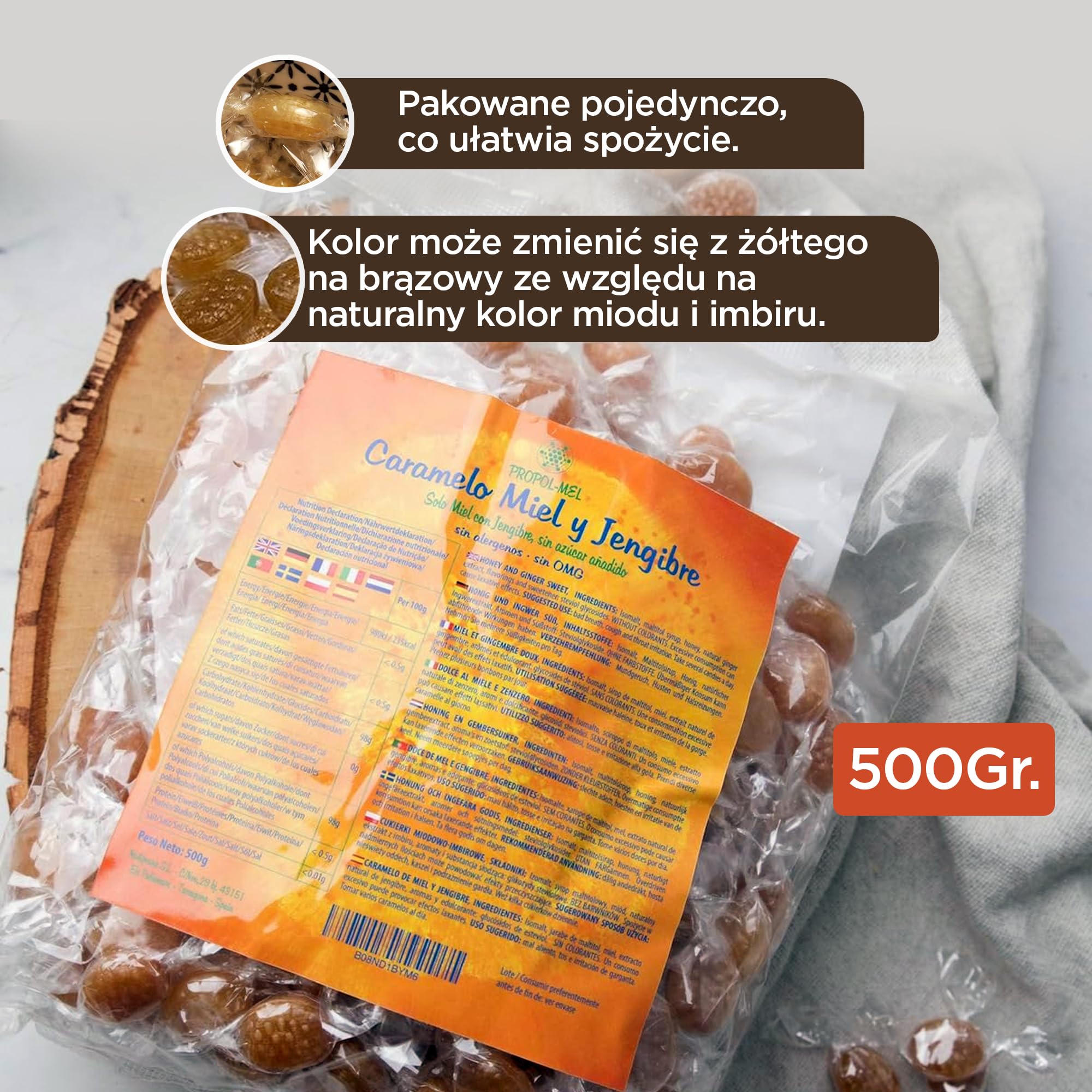 Cukierki Miodowo-Imbirowe x 500g - Bezglutenowe i Bezcukrowe. Hiszpańskie i ręcznej produkcji cukierki na gardło. Zalecany dla osób z nieświeżym oddechem lub nieprzyjemnym zapachem z ust i gardła.