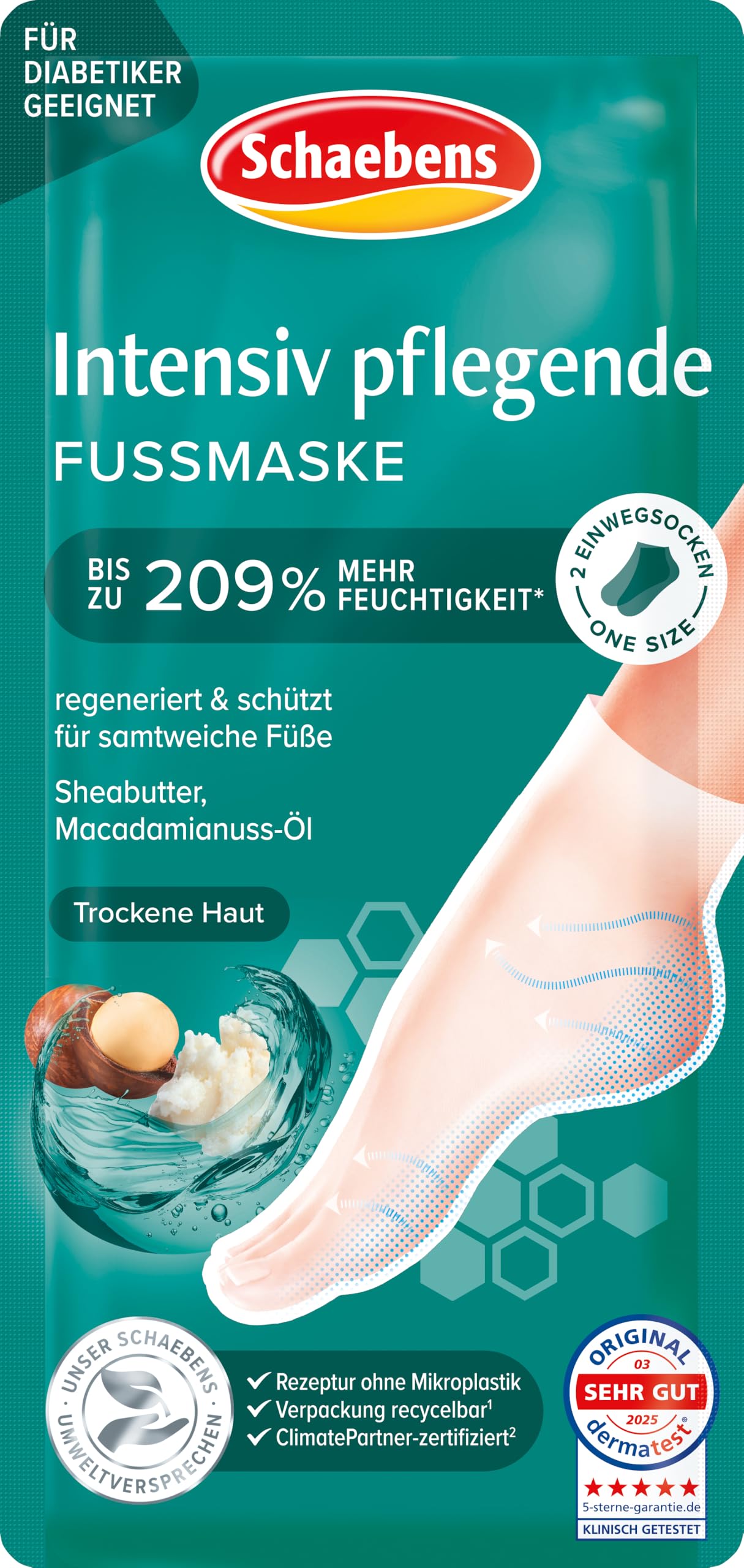 Schaebens Intensiv pflegende Fußmaske (2 Socken für 1 Anwendung) regeneriert & schützt mit Sheabutter, Macadamainuss-Öl für alle Hauttypen