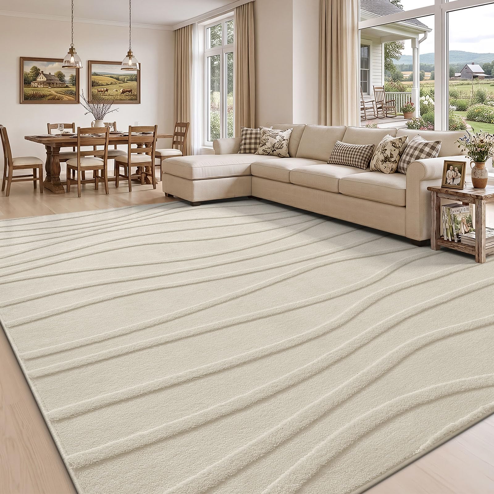 Homaxy Rugs Living Room 60x100cm, Soft Plush Wave Pattern Area Rug, Non-Slip Washable Bedroom Carpet for Kids & Pets, Modern Short Pile Rug for Home Decor, Beige