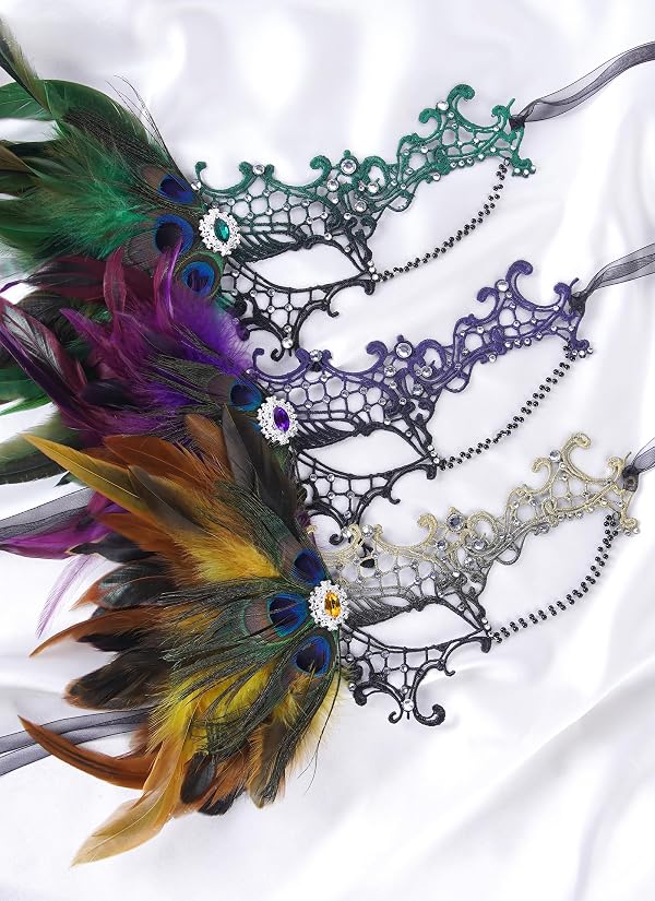 Zinniday Halloween Masquerade Masks for Women -2026 Black Green Peacock Feather Lace Mask, 1920s 50s Antique Venetian Eyemask for Woman Cosplay Party Evening Carnival Costume Prom Renaissance by Zinniday - Used condition - Image 6