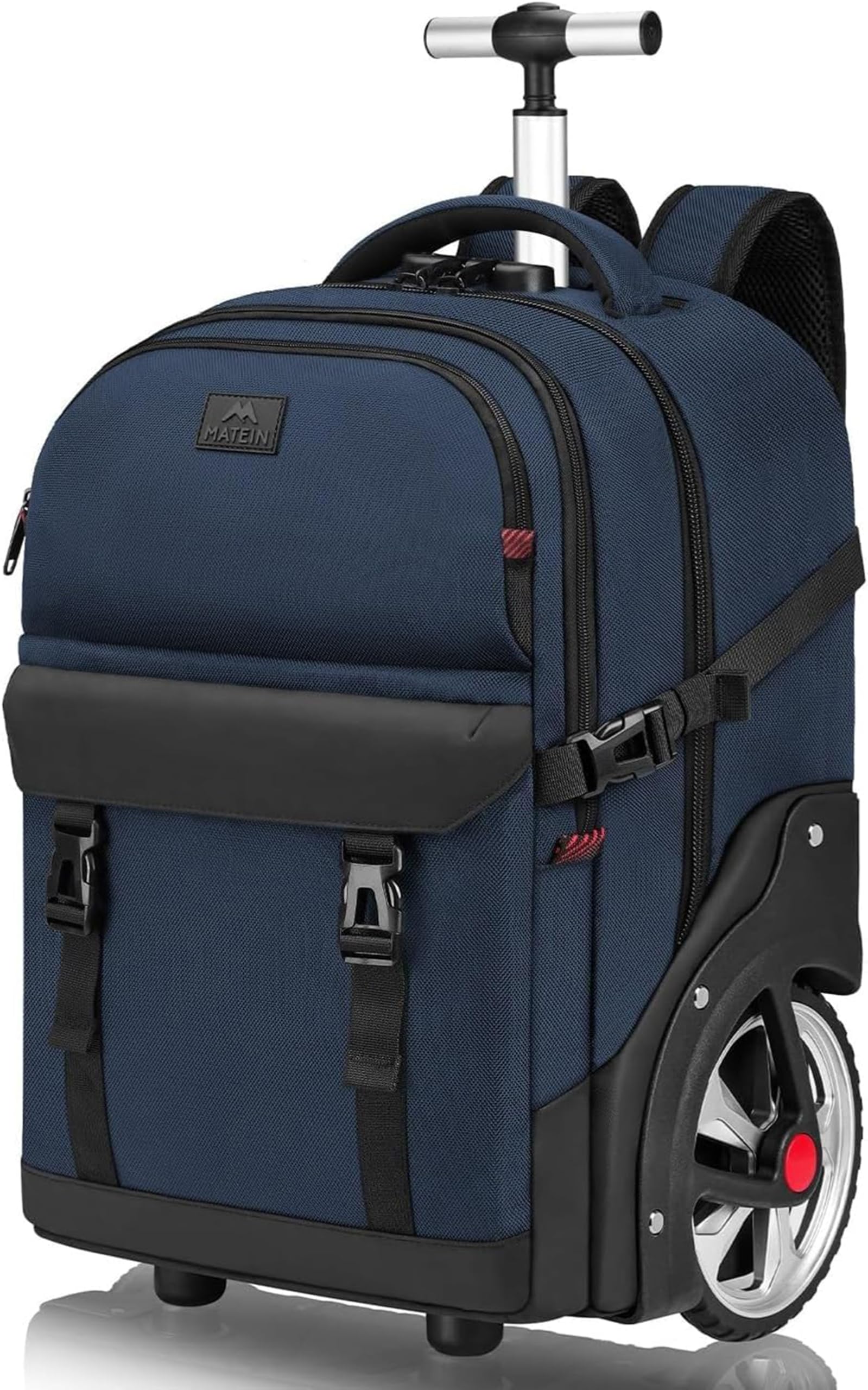 MATEIN 17-inch Rolling Backpack in blue, shown from a front-side angle with the handle extended.