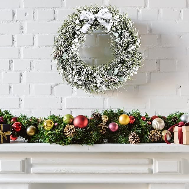 TANGZON 60CM/24 Inch Christmas Wreath, Snow Flocked Xmas Wreath with Pinecone, White Berries, Silver Ball and Bow, Wall Hanging Garland for Front Door Hanging and Holiday Decoration
