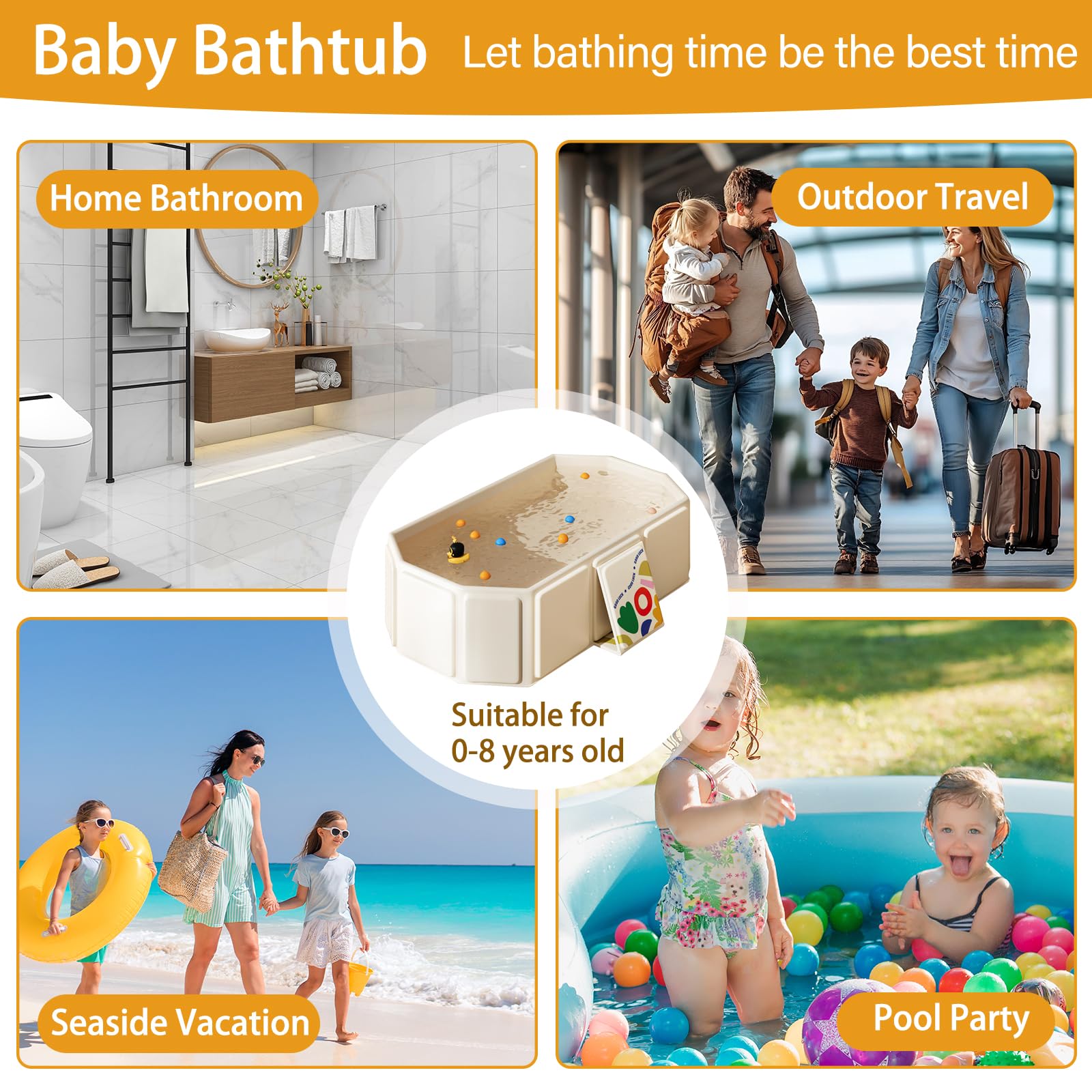 Baignoire Pliable Bébé 0-8 Ans Portable Économisante Espace Bouchon Drain Beige