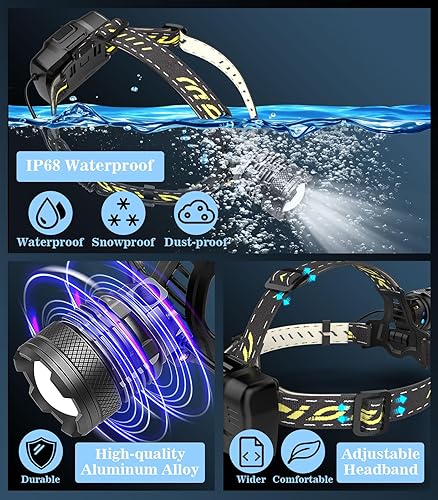 Miniatura 5 de MoKo Linterna frontal recargable de 150000 lúmenes, batería de 60 horas de duración desmontable, 8 modos súper brillante, bombilla de 50 W, IP68,