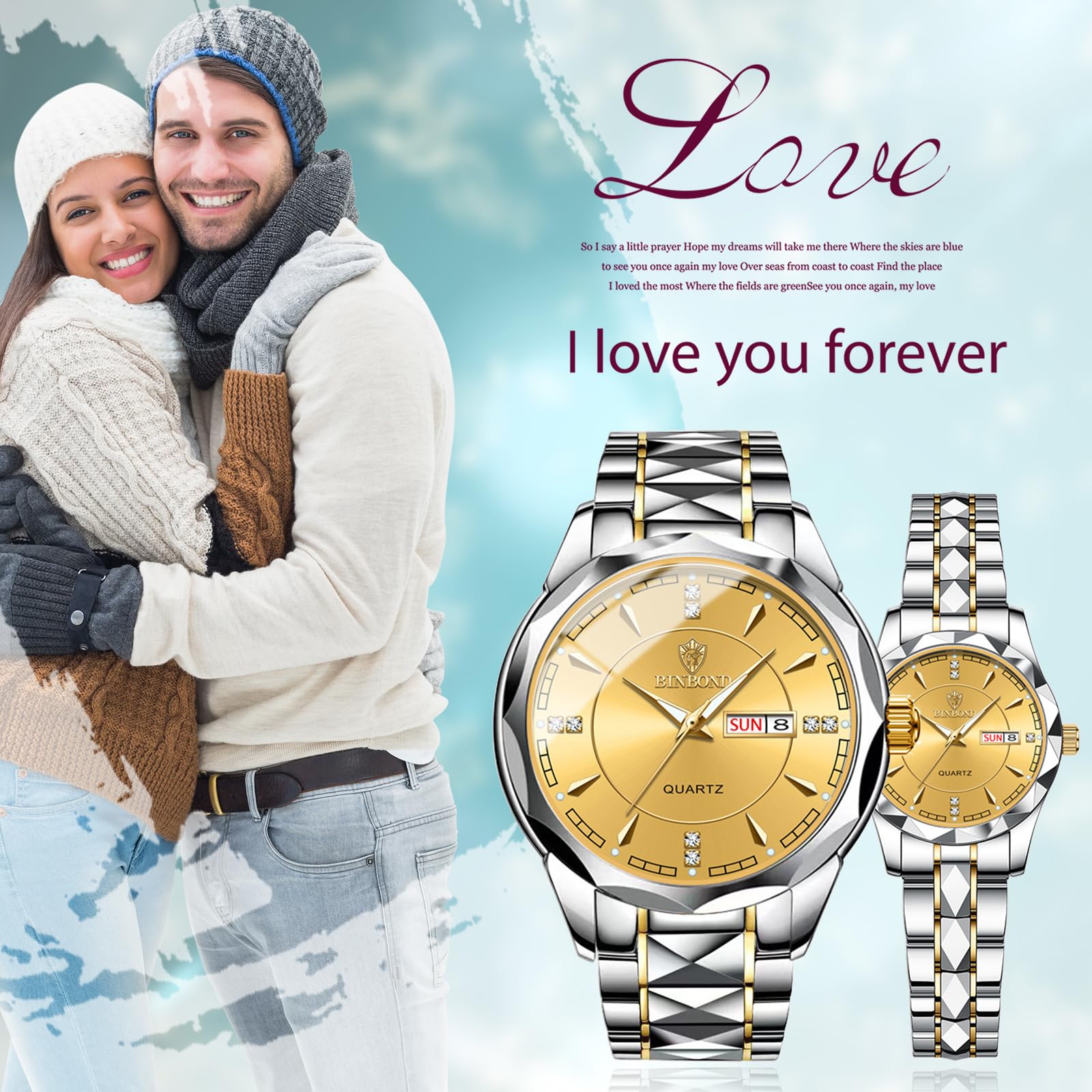 JewelryWe Paar Uhren Quarz Analog Partner Freundschafts Armbanduhr Datum Kalender Edelstahl Armband Uhr mit Beleuchtenden Zeiger und Strass rundem Zifferblatt, Geschenk für Herren Damen, Gold