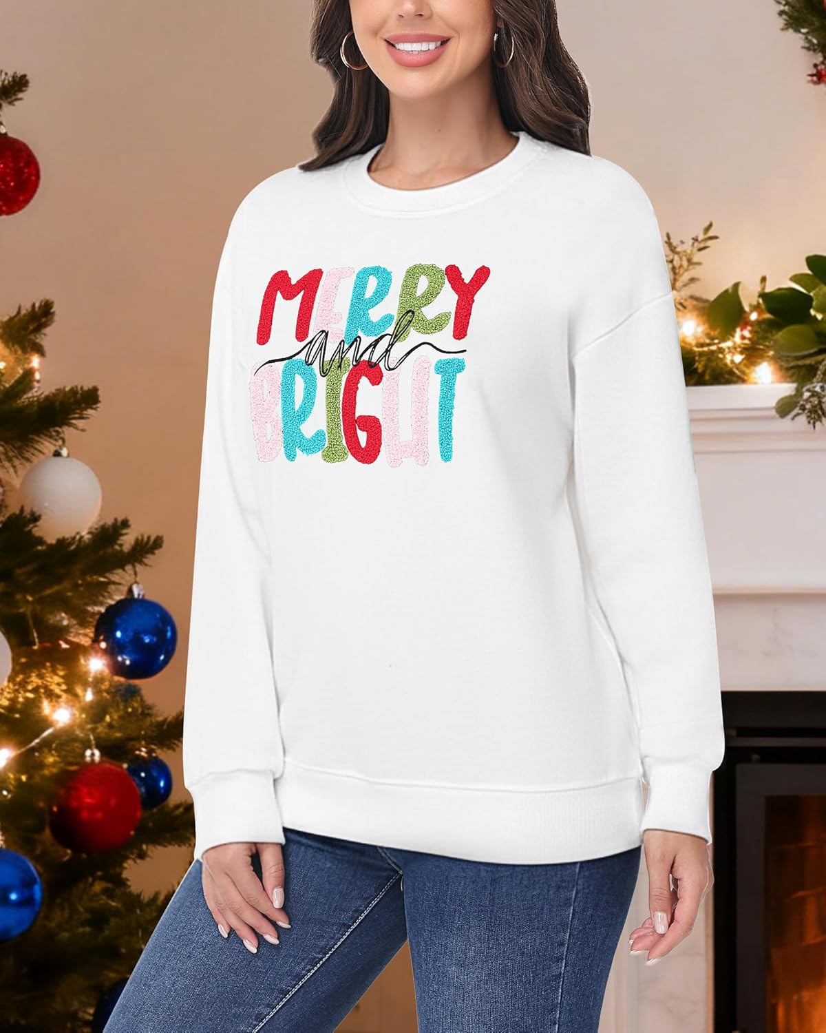 Women Christmas Sweatshirts Merry And Bright Crewneck Long Sleeve Christmas Pullover Loose Fit Xmas - Image 6