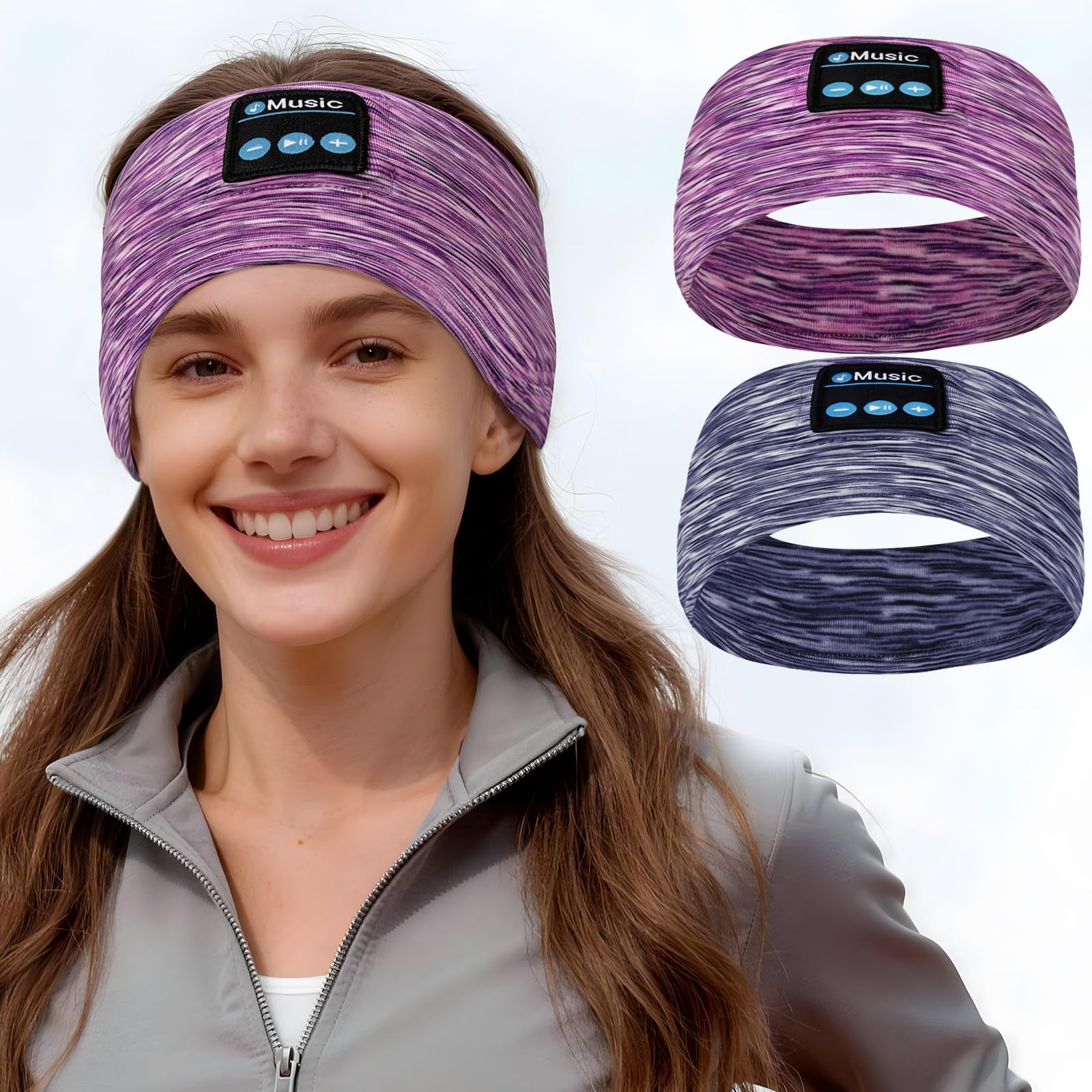View 1 of 2-Pack Bluetooth Headband Headphones, Wireless Sports Headband, Washable Music Headband with Secure Fit for Running, Workout, Gym, Yoga, Sleep Headphones for Side Sleepers- Great Gift